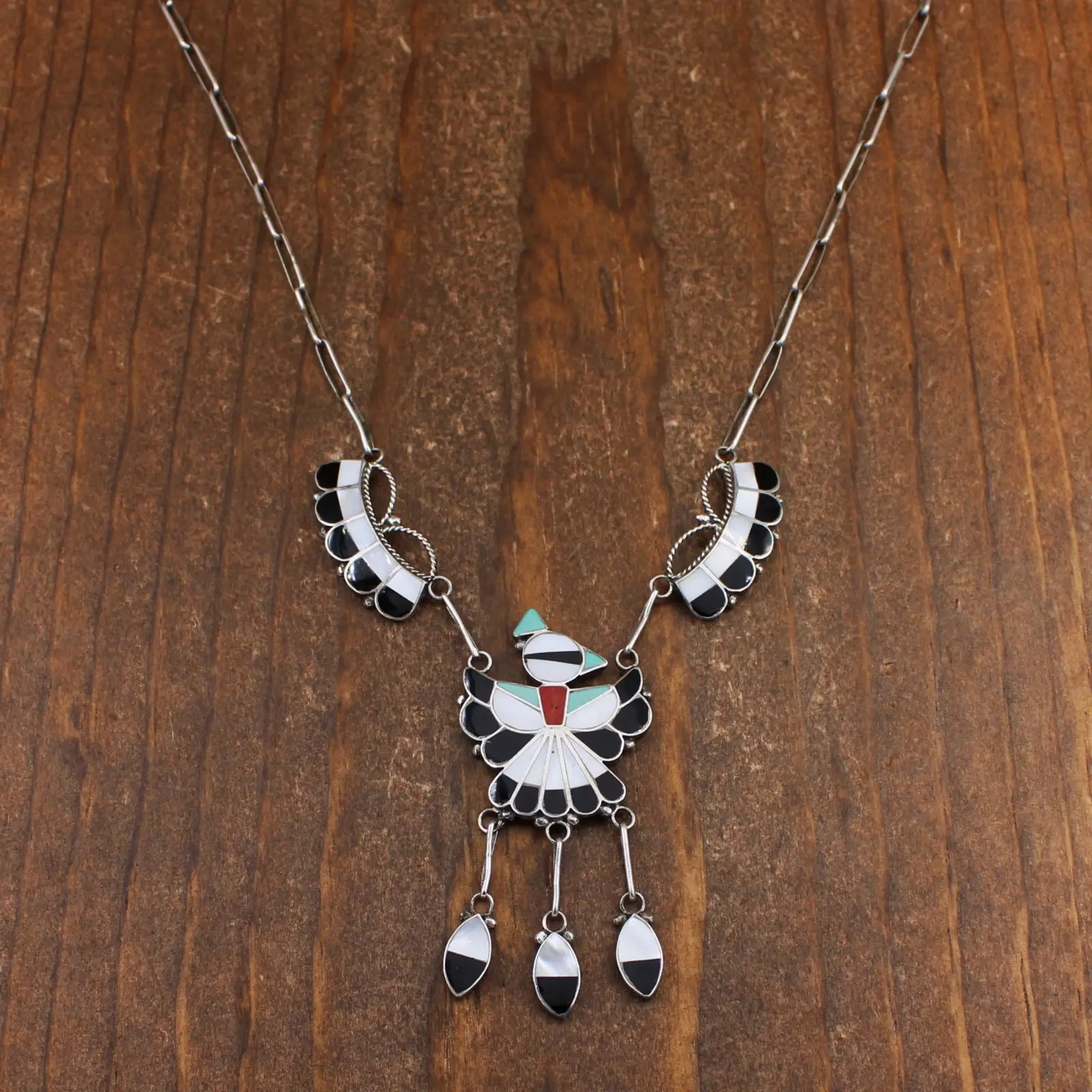 Sterling Silver Zuni Inlay Thunderbird Pendant Necklace by Ricky Lateyice