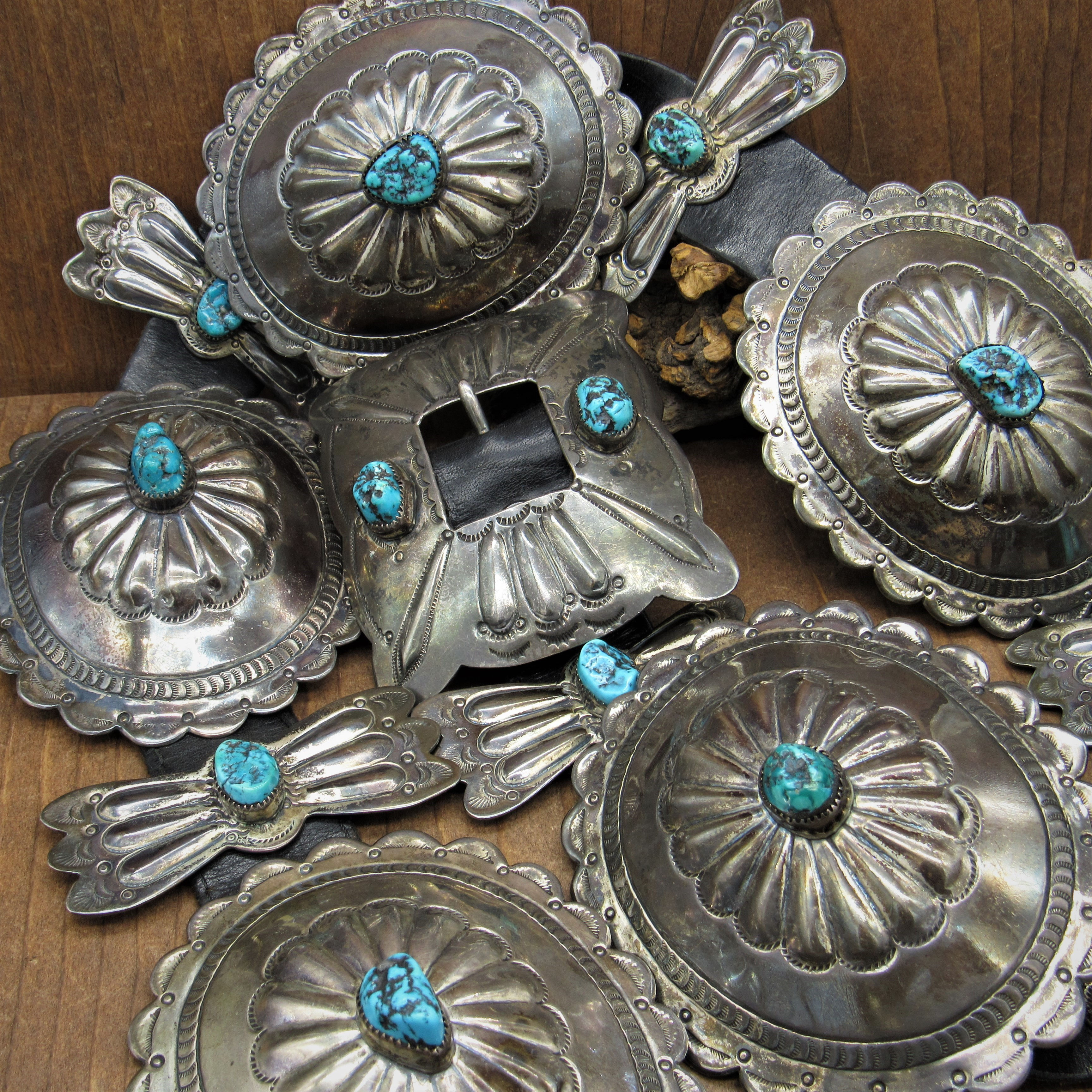 Vintage Sterling Silver and Turquoise Repousse Concho Belt by Mary Yazzie