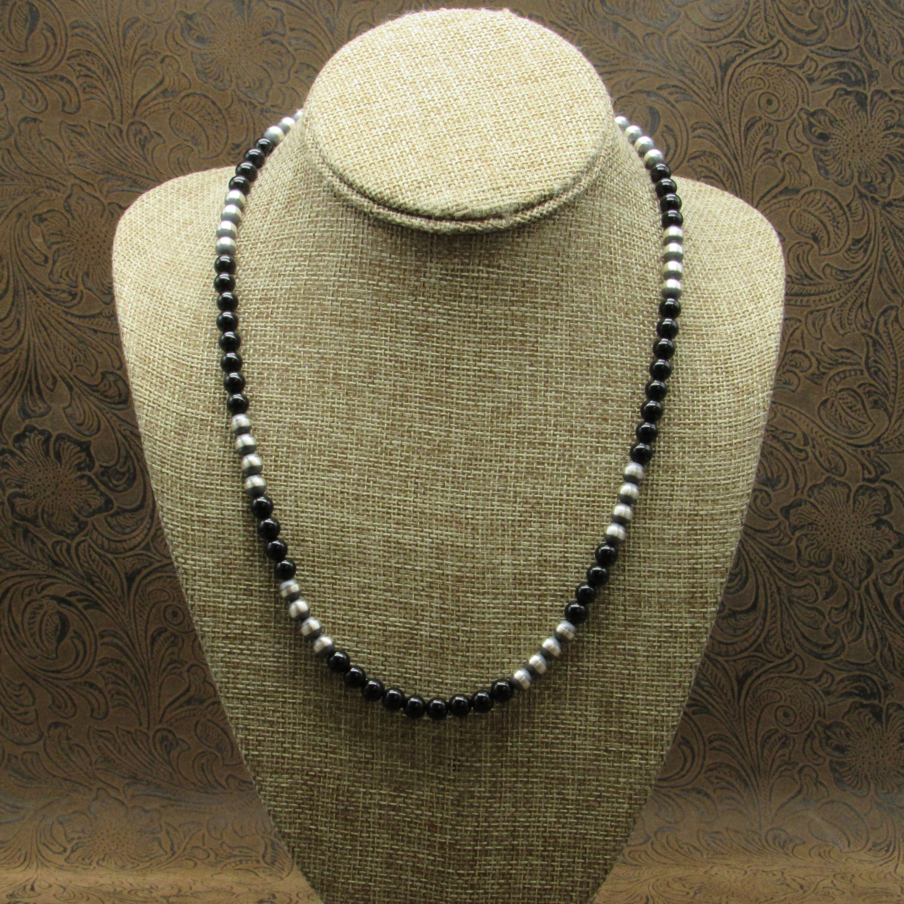 Rustic Oxidized Sterling Silver Onyx Beaded Necklace