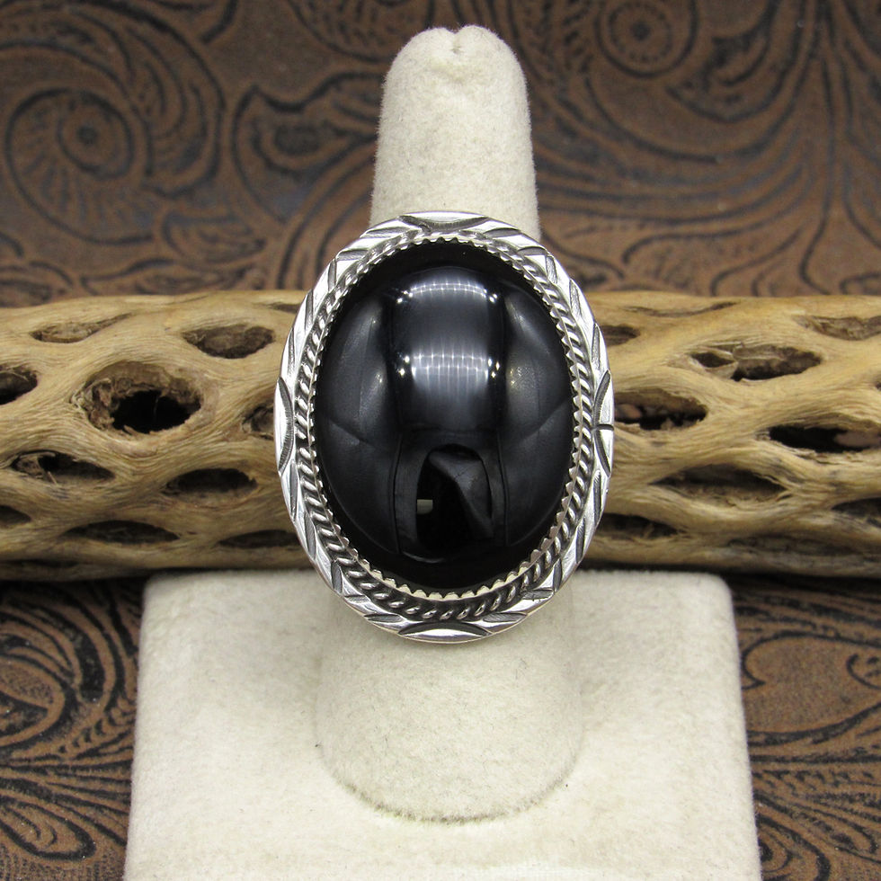 Southwestern Sterling Silver and Oval Black Onyx Ring Size 7.75