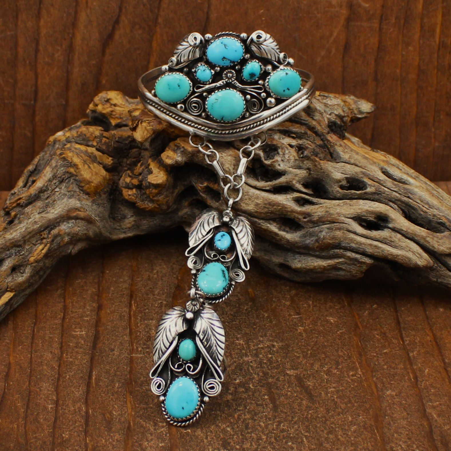 Navajo Style Sterling Silver Turquoise Hand Chain Bracelet