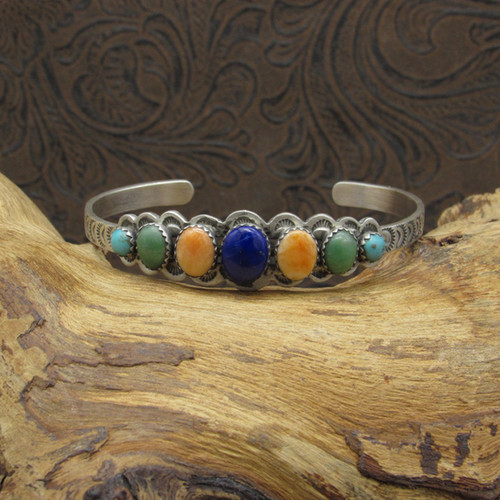 Navajo Multi-Stone Intricately Stamped Sterling Silver Cuff By