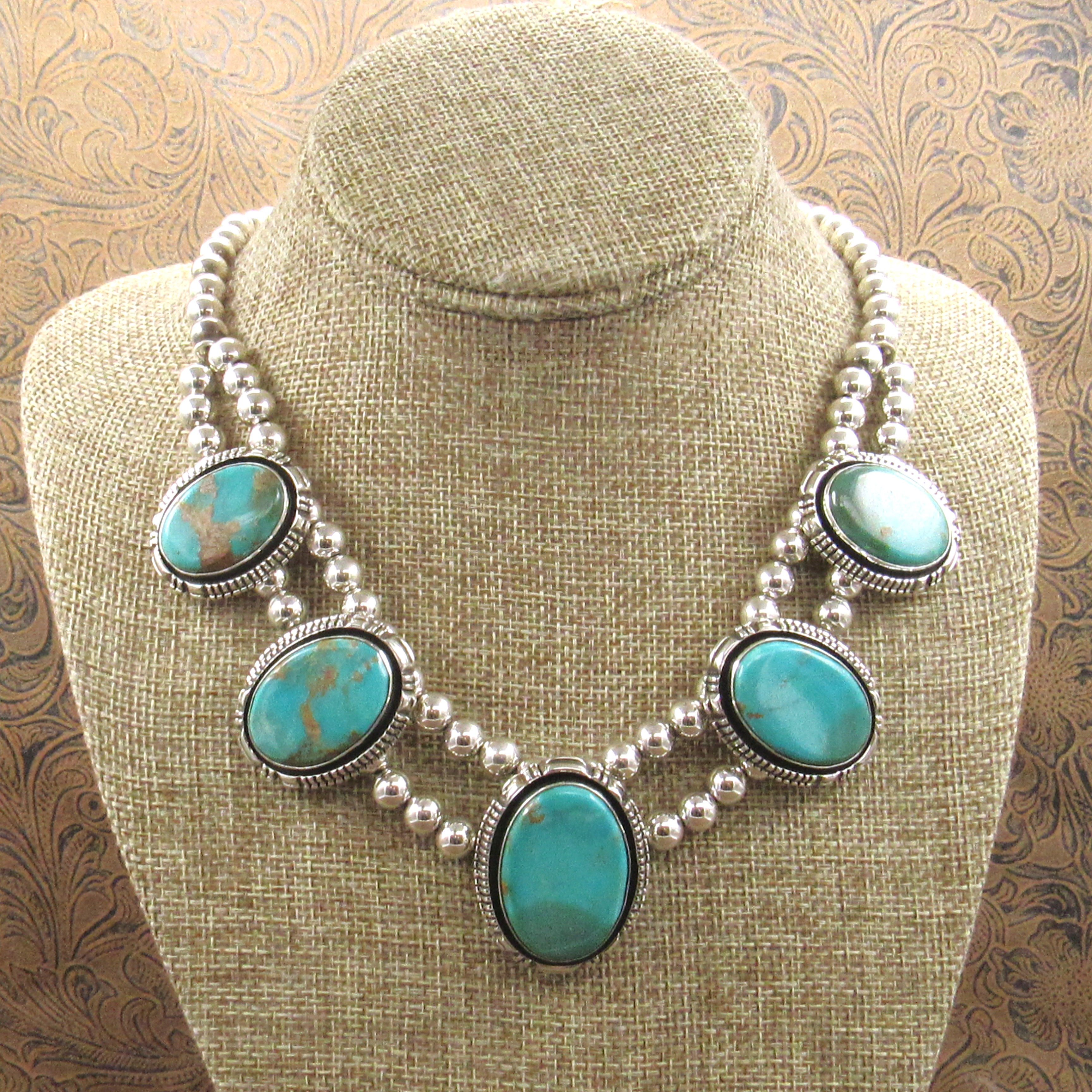 *Vibrant Five-Turquoise Stone Sterling Silver Statement Necklace by L. Yazzie