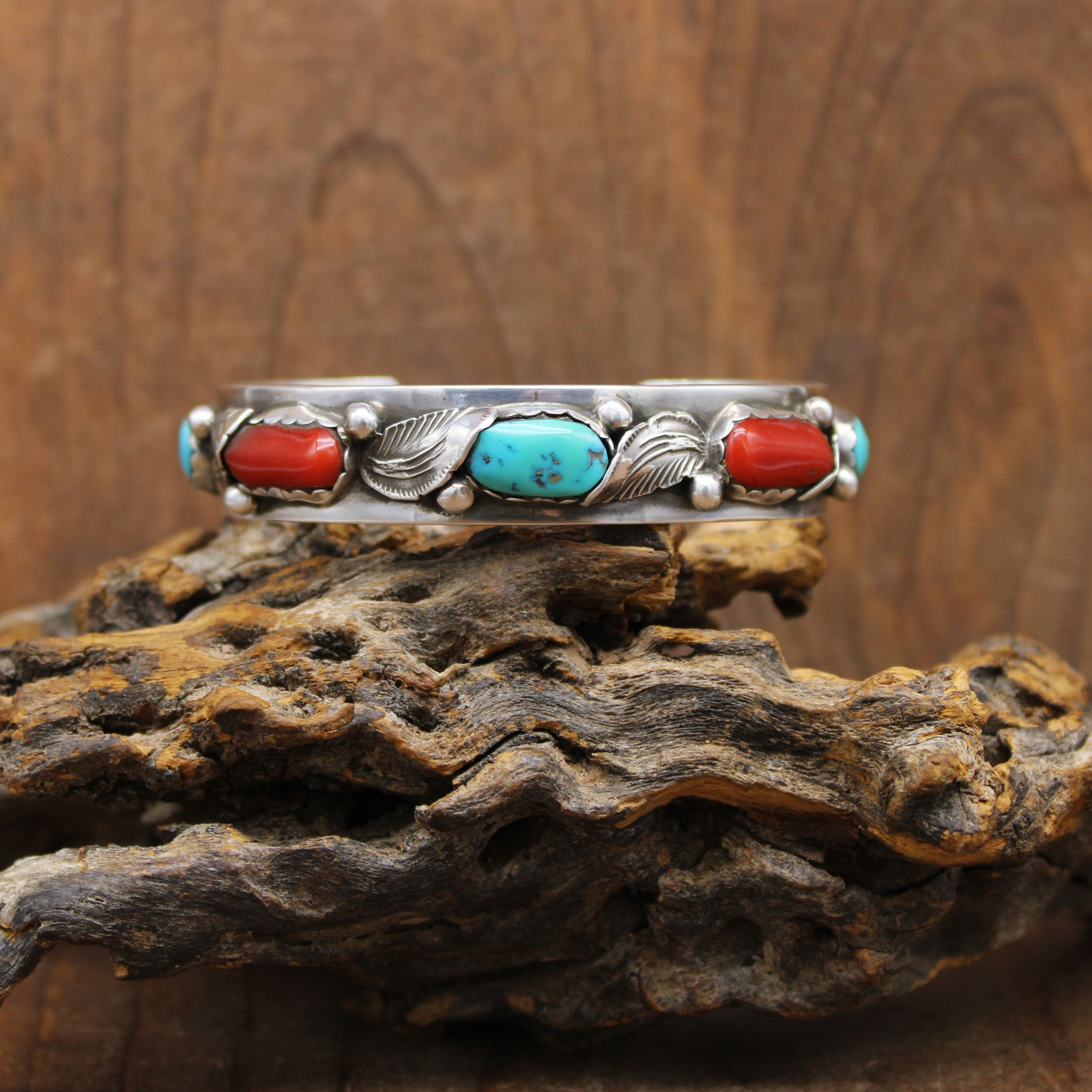 *Vintage Sterling Silver Turquoise And Coral Leaf Cuff Bracelet