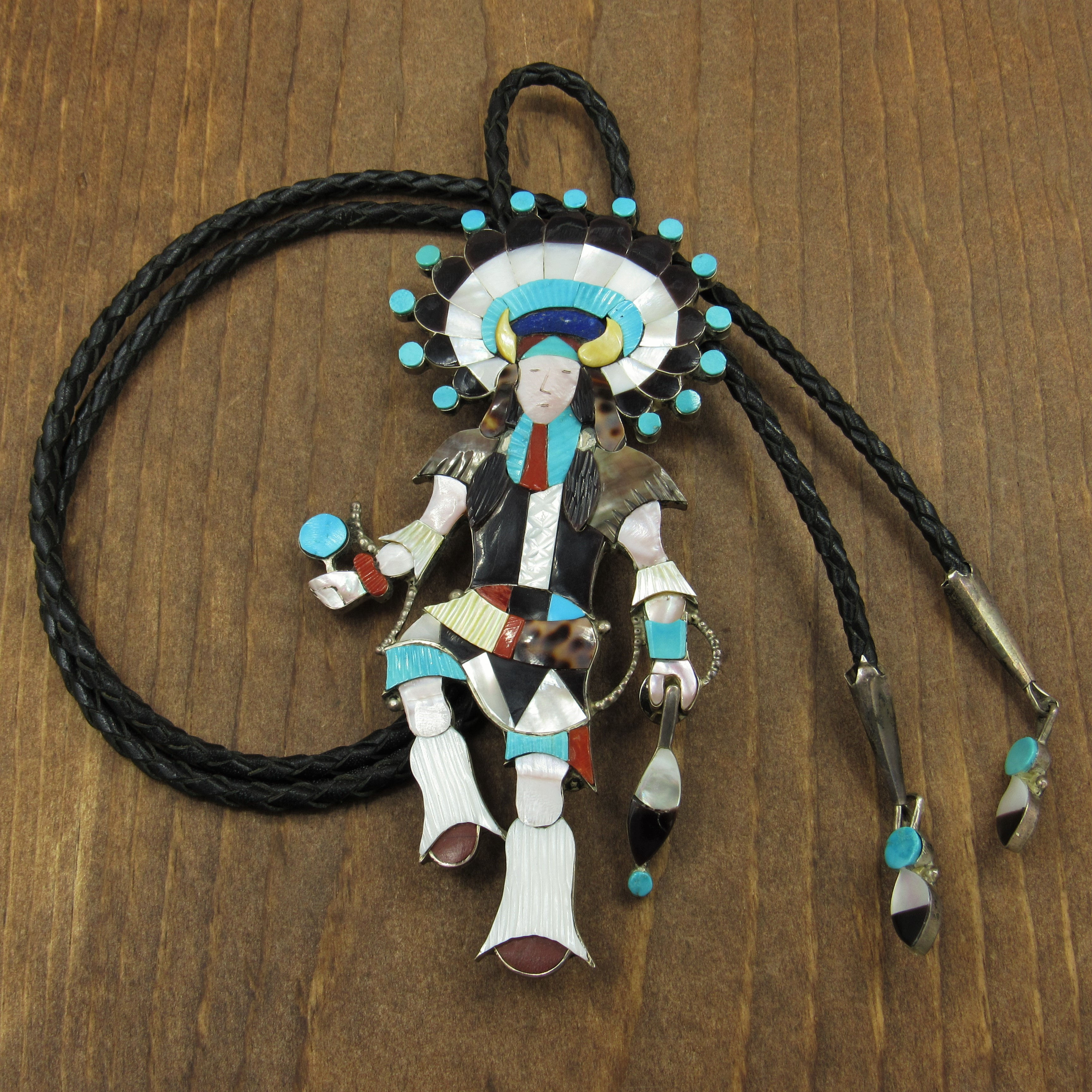 J. Beyuka Zuni Buffalo Dancer Inlaid Sterling Silver Bolo Tie