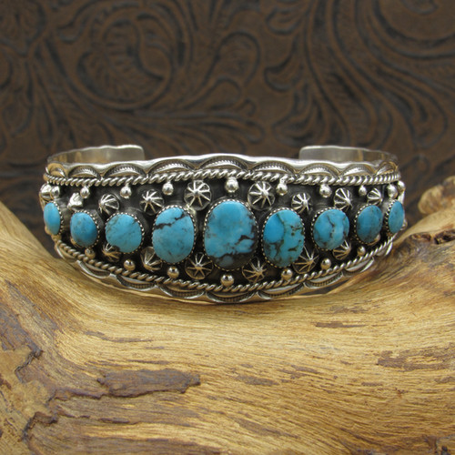 Navajo Hogan Bead Decorated Sterling Silver Turquoise Cuff