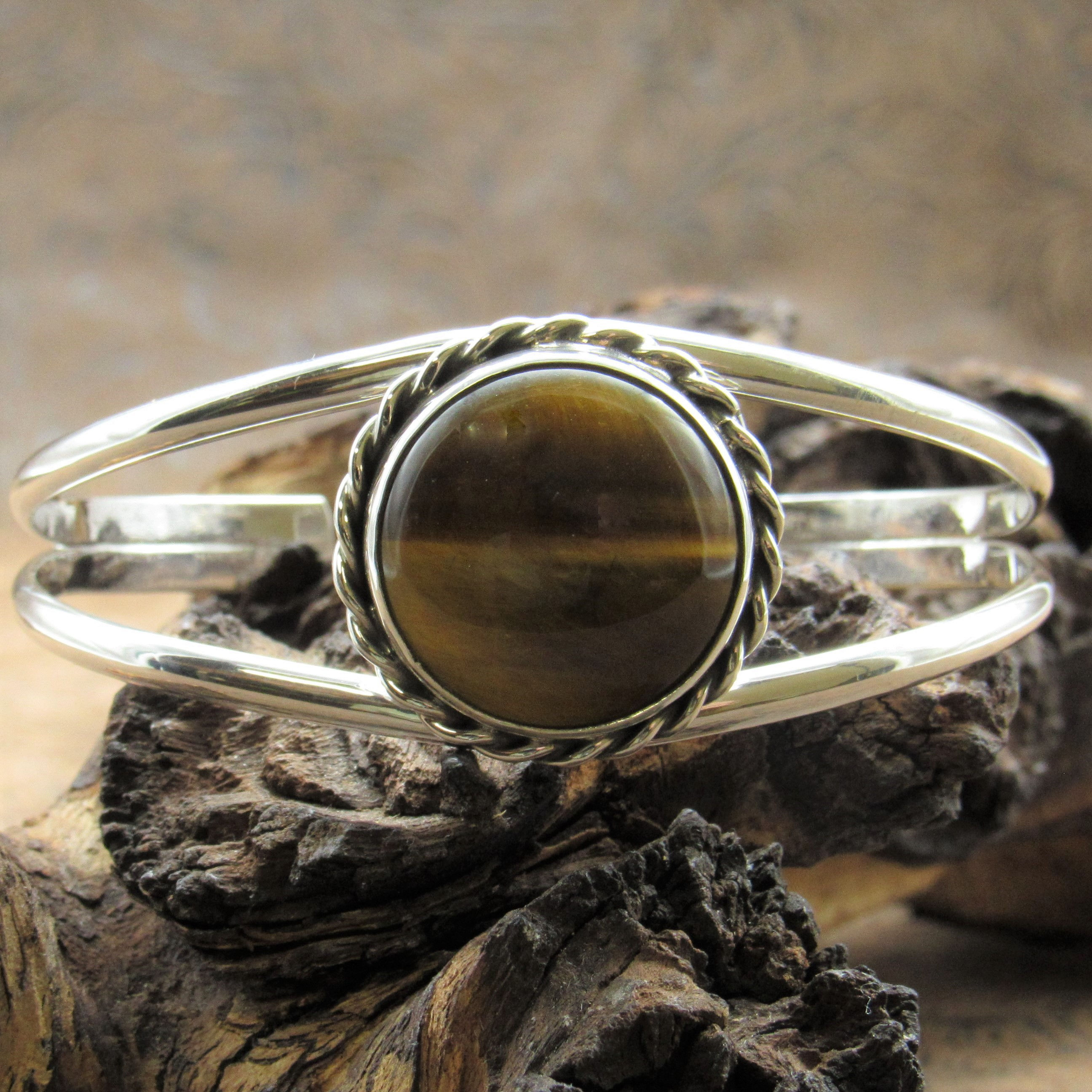 *Sterling Silver Round Tigers Eye Cuff Bracelet by Jose Campos