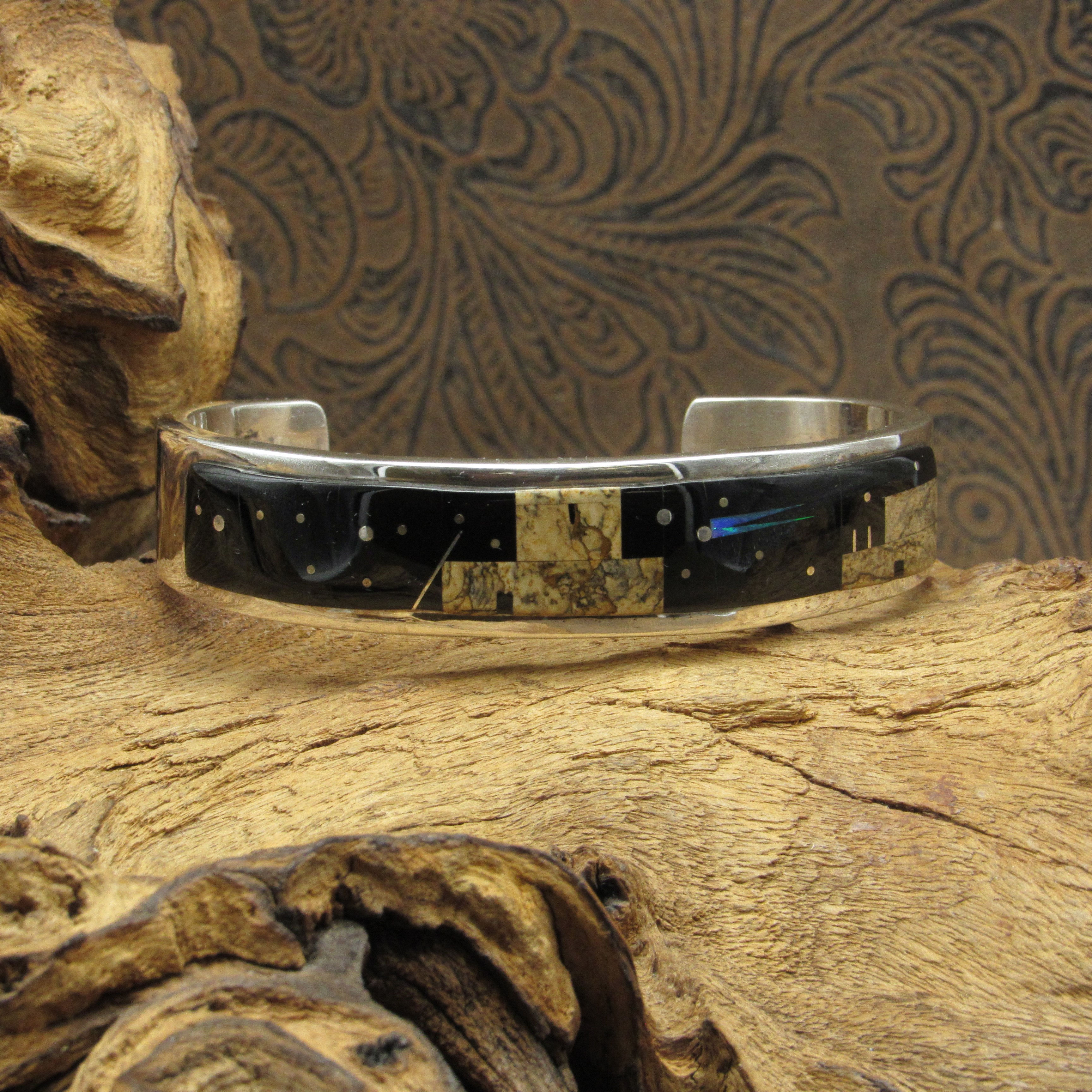 Signed Navajo Starry Night Multi-Stone Inlay Cuff Bracelet