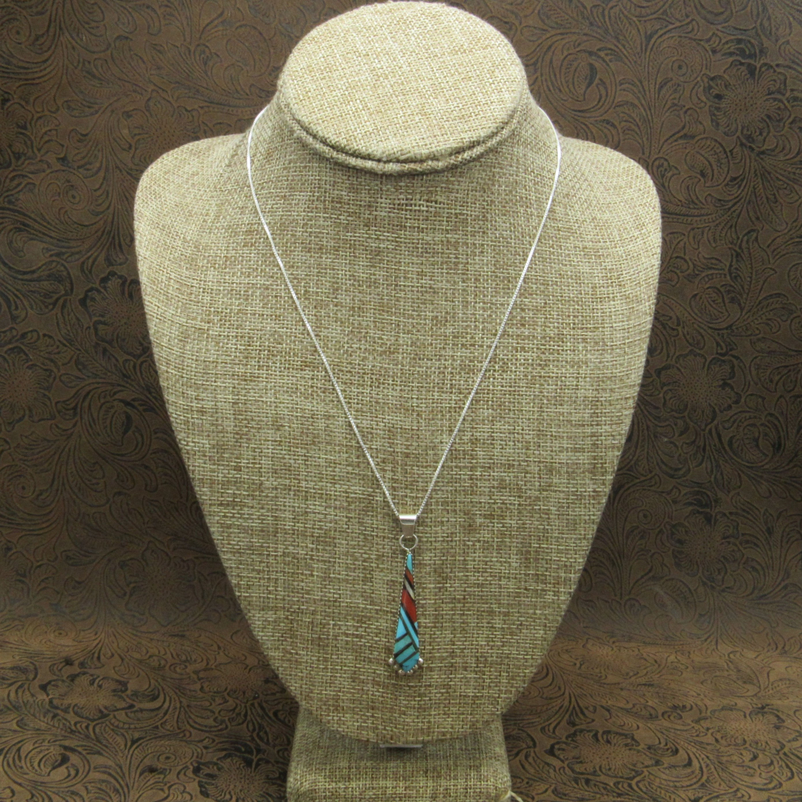 Geometric Inlay Sterling Silver Pendant Necklace 18" Chain