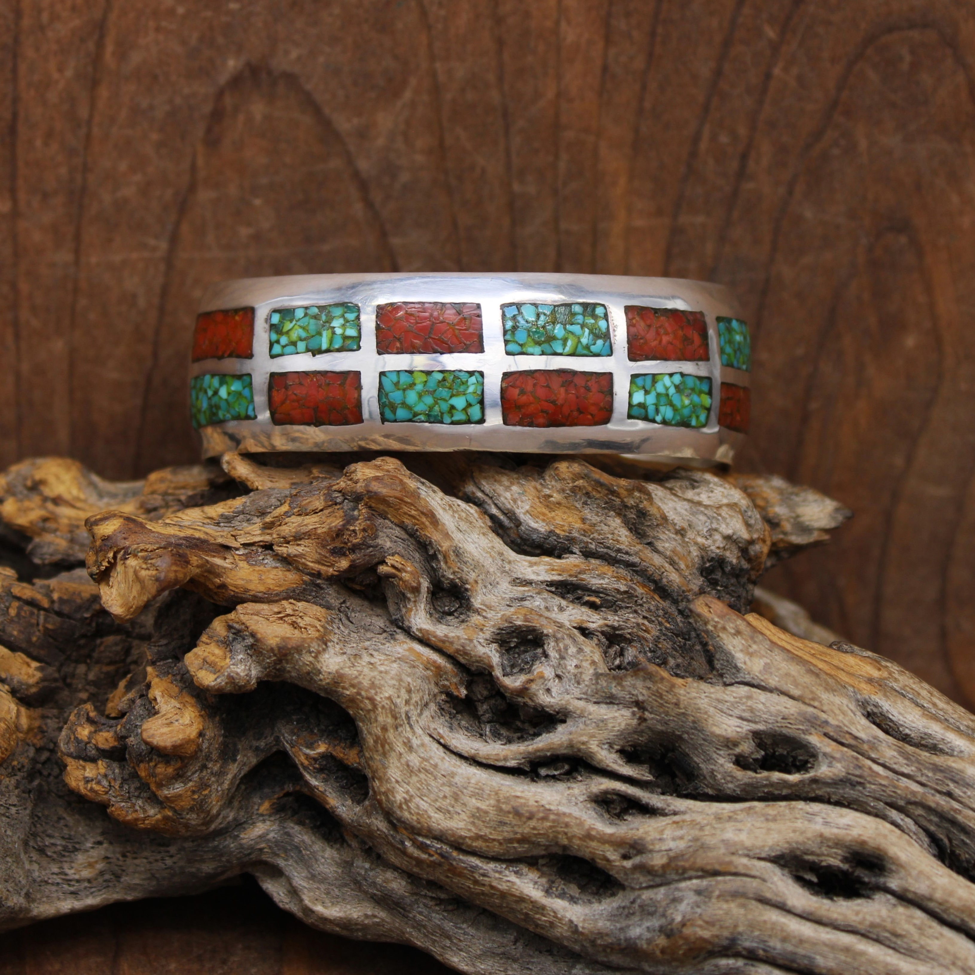 *Vintage Sterling Silver Turquoise and Coral Inlaid Cuff by Navajo Delvin Nelson