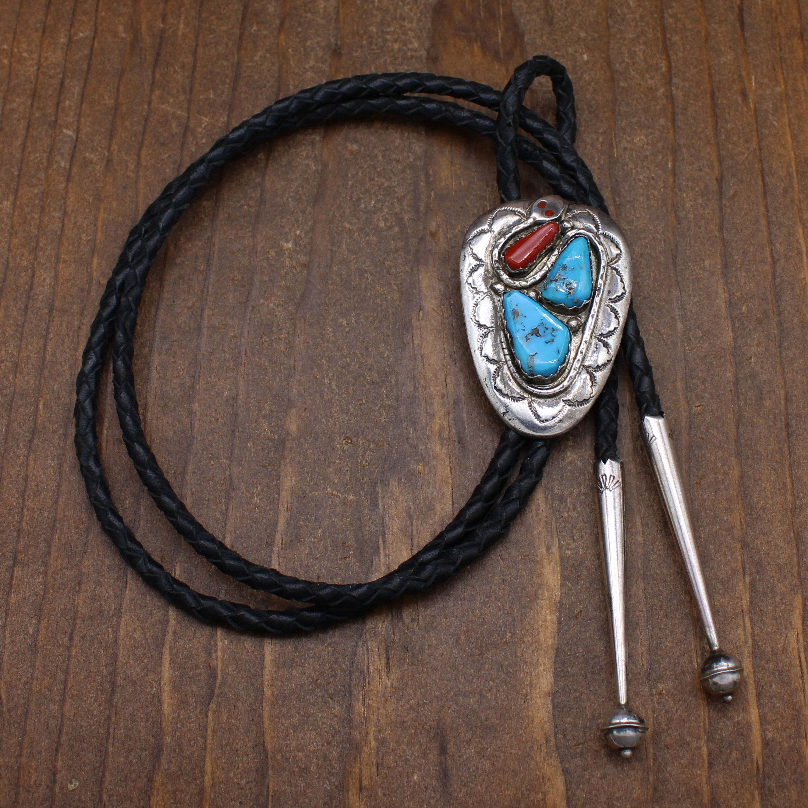 Vintage Effie Calavaza Sterling Silver Turquoise and Coral Bolo Tie
