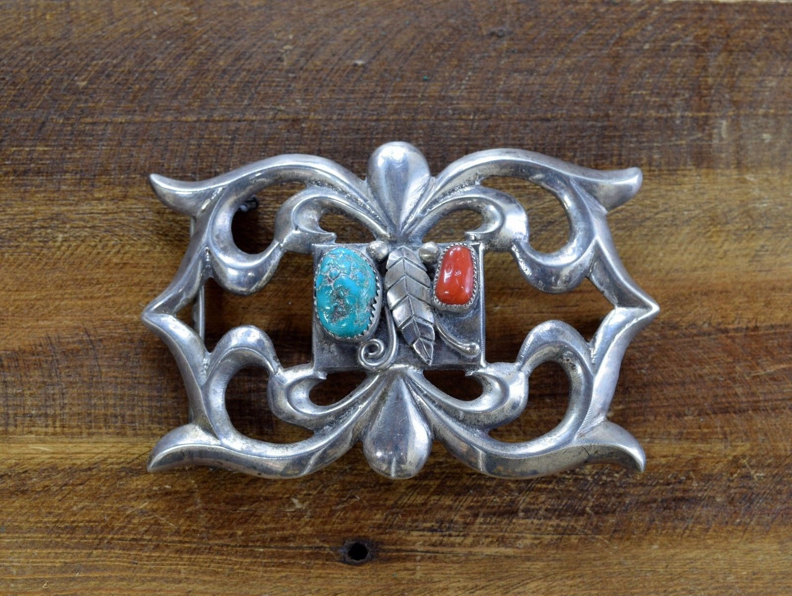 Sterling Silver Vintage Turquoise and Coral Sandcast Belt Buckle by E.J. David