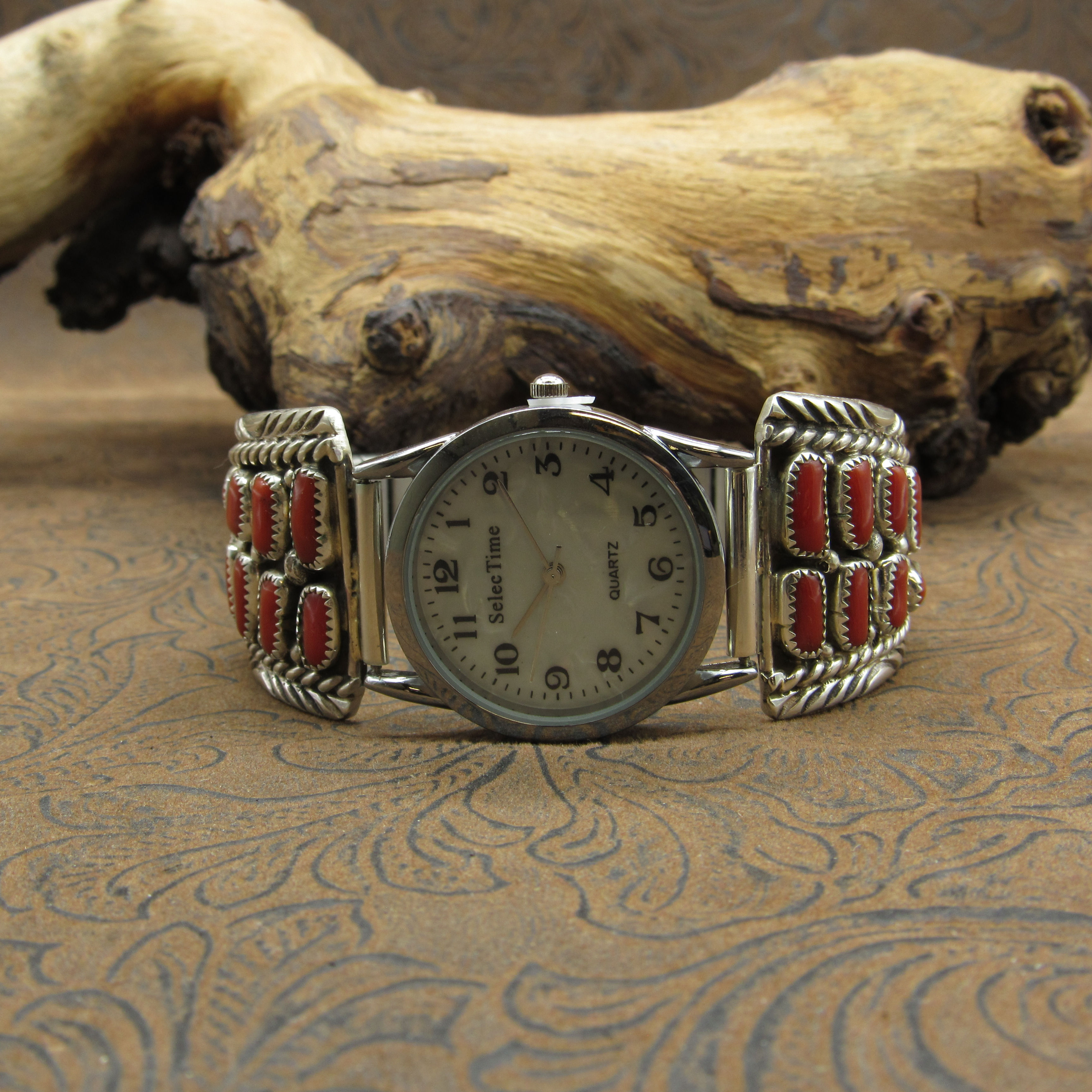 *Navajo Sterling Silver Red Coral Watchband by Merle House