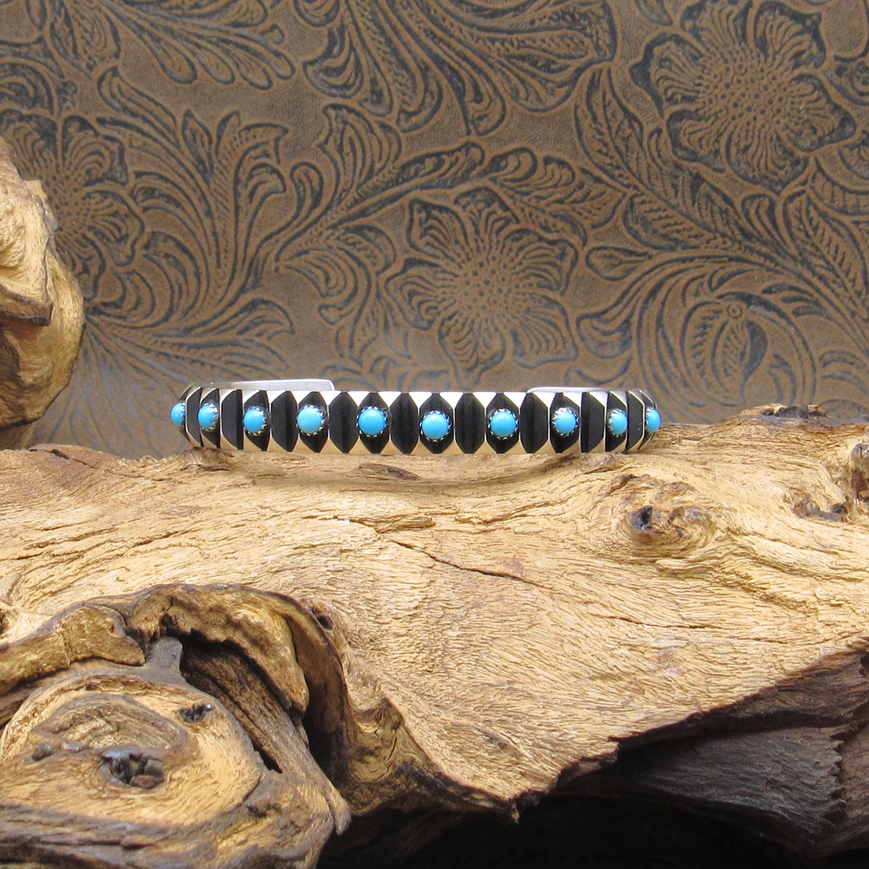 Unique Sterling Silver Deep Groove Diamond Edge Design Cuff And Turquoise Stones