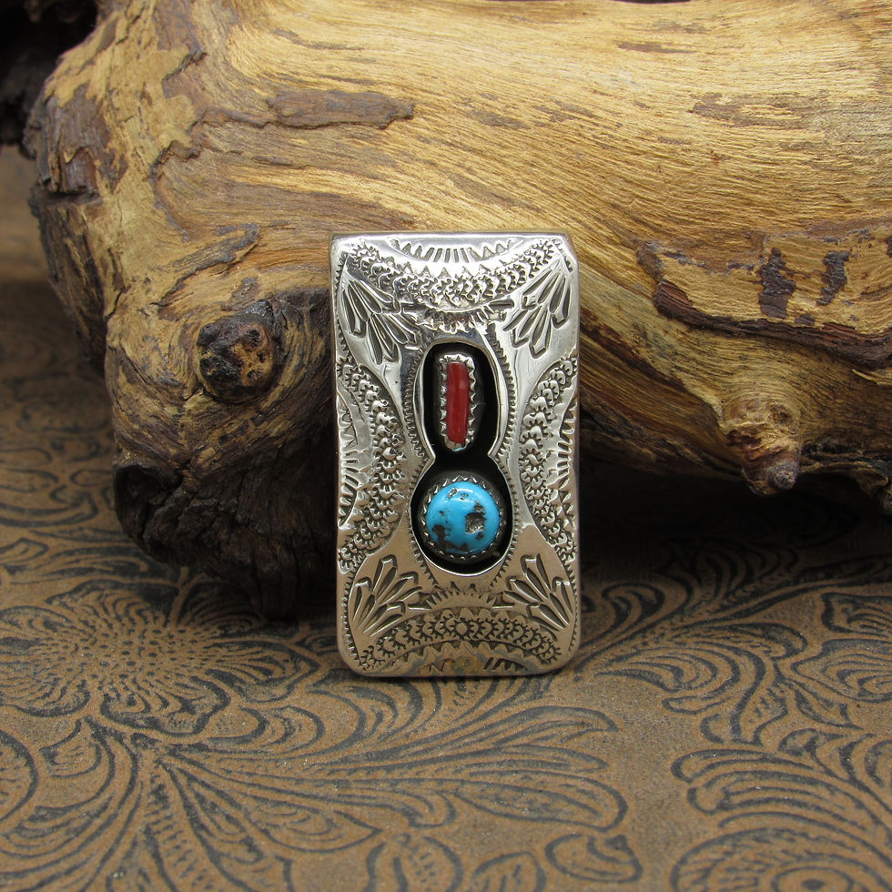Hand Stamped Sterling Silver Turquoise and Coral Shadowbox Money Clip