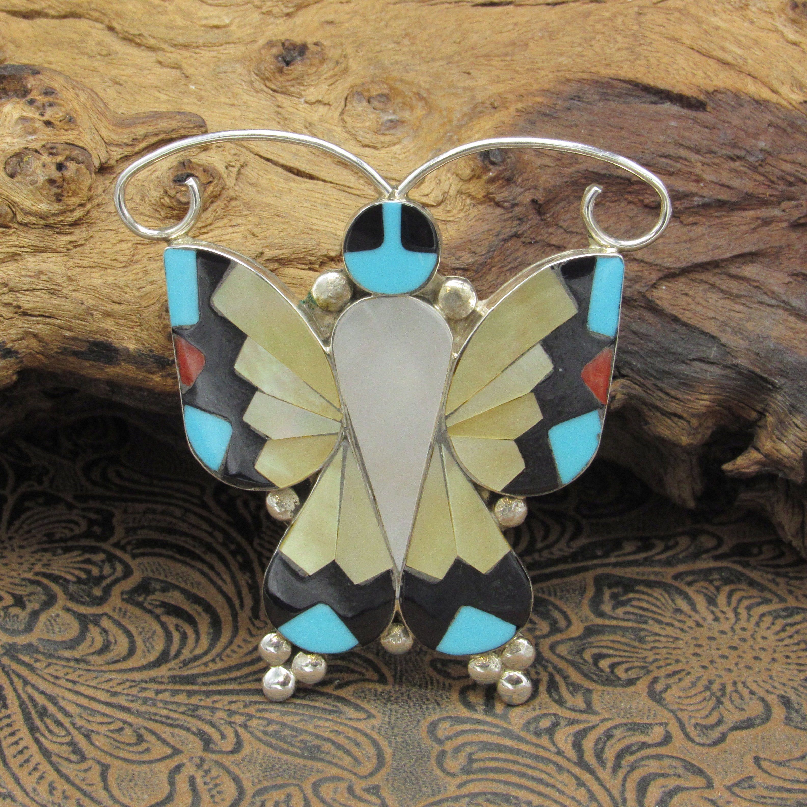Turquoise MOP Inlay Sterling Silver Butterfly Zuni Pendant