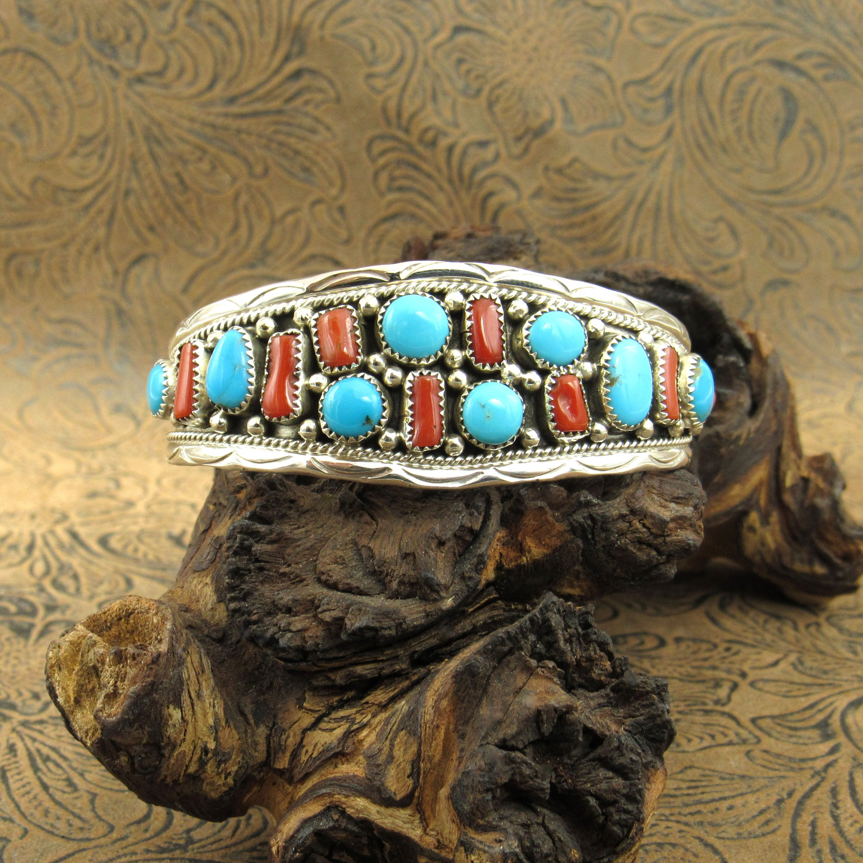 *Turquoise And Red Coral Sterling Silver Cuff Bracelet