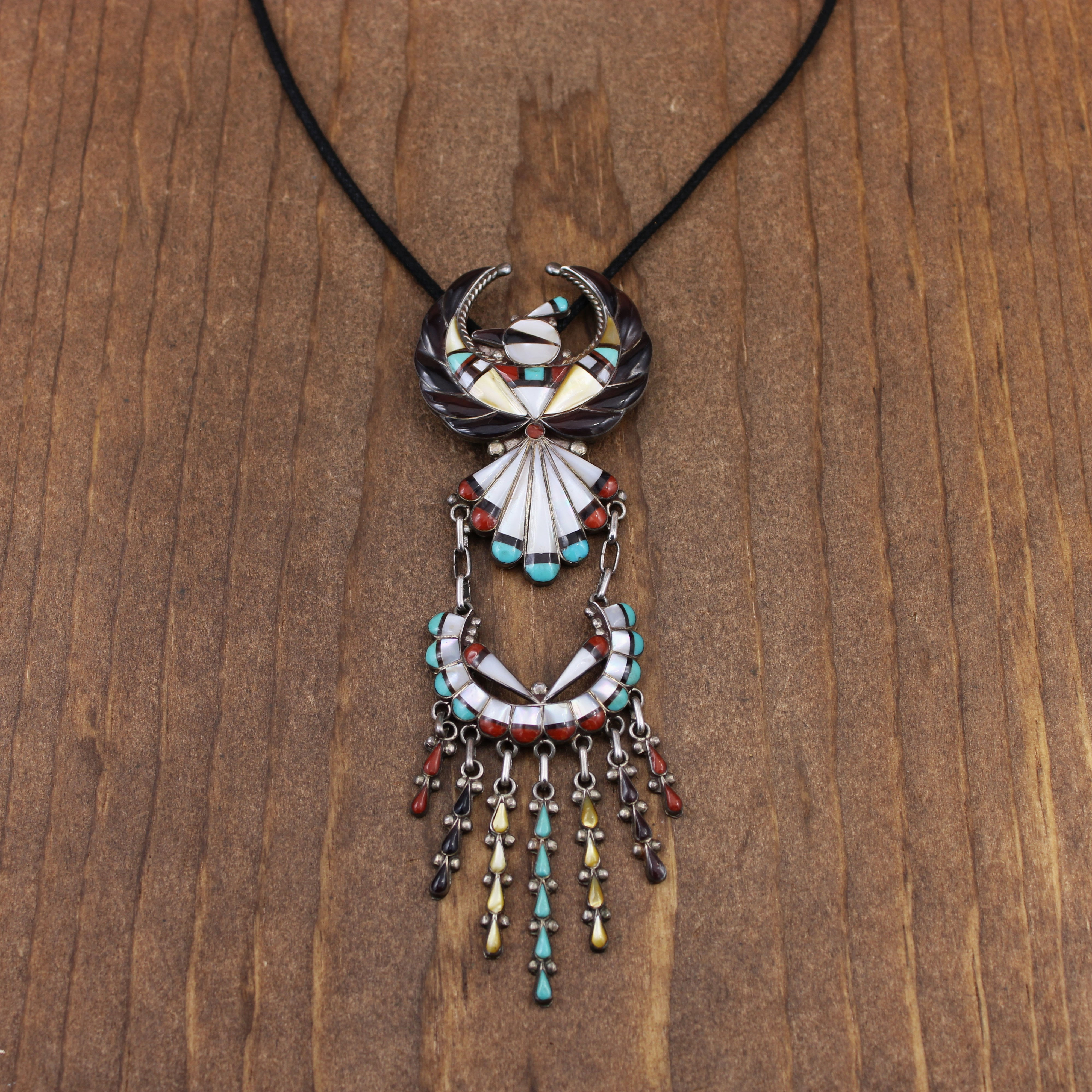 Sterling Silver Inlaid Thunderbird Necklace with Dangles