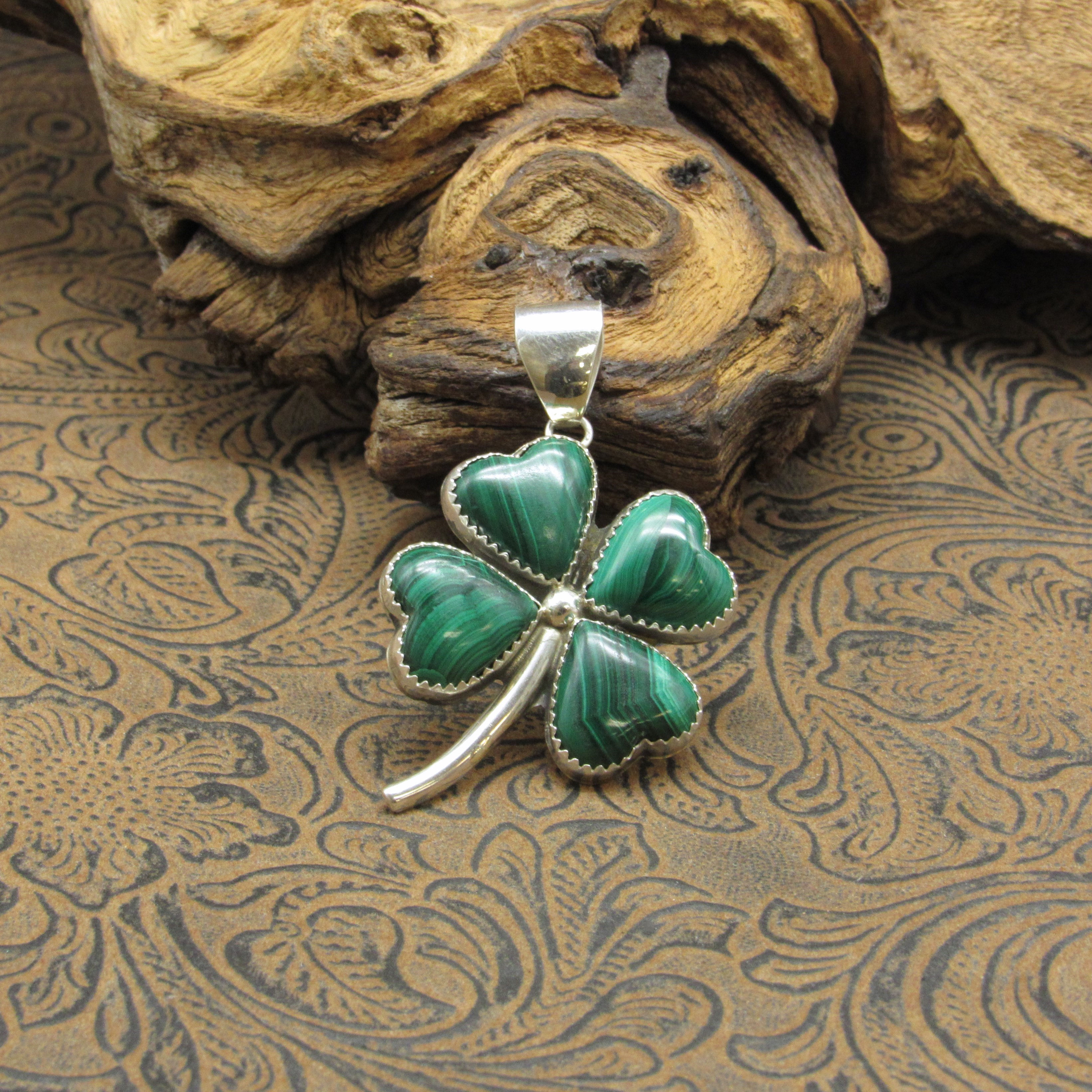 Malachite Four Leaf Clover Sterling Silver Pendant