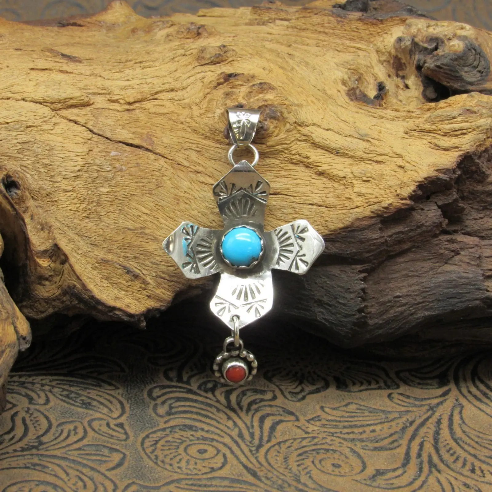 Native American Sterling Silver Zia-Style Pendant with Turquoise and Coral