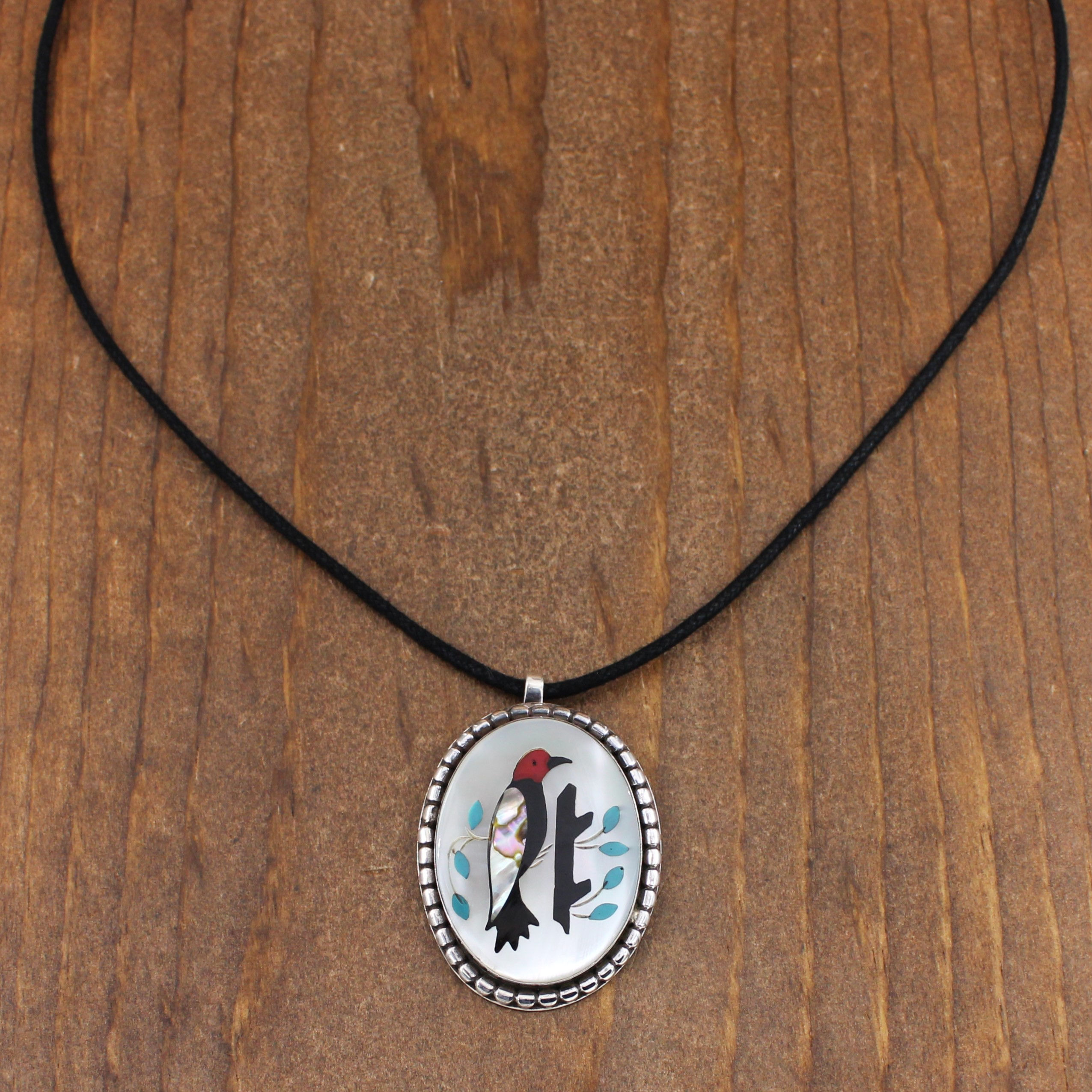 Sterling Silver Inlaid Woodpecker Bird Pendant on Cord Necklace