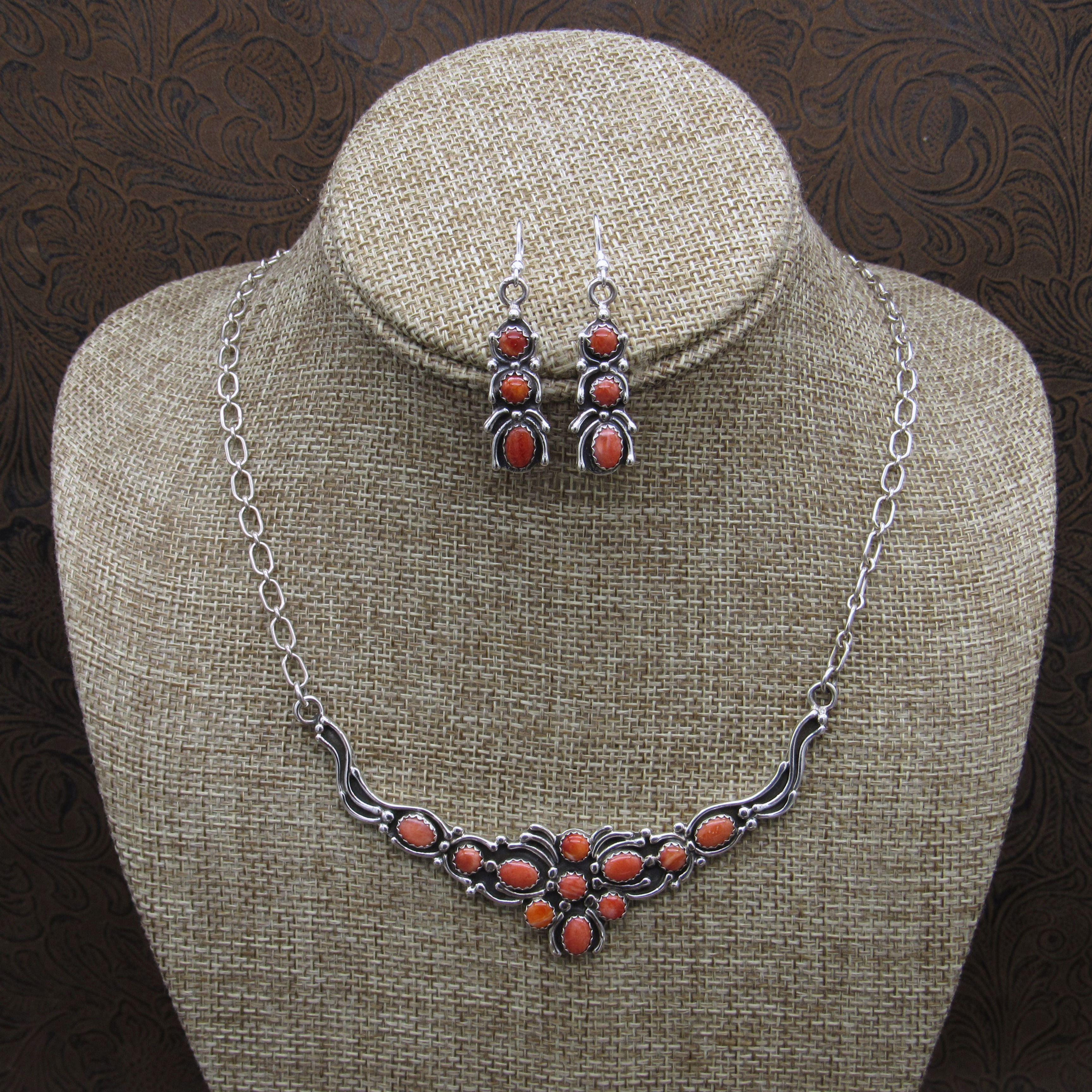 *Sterling Silver and Spiny Oyster Statement Necklace and Earring Set