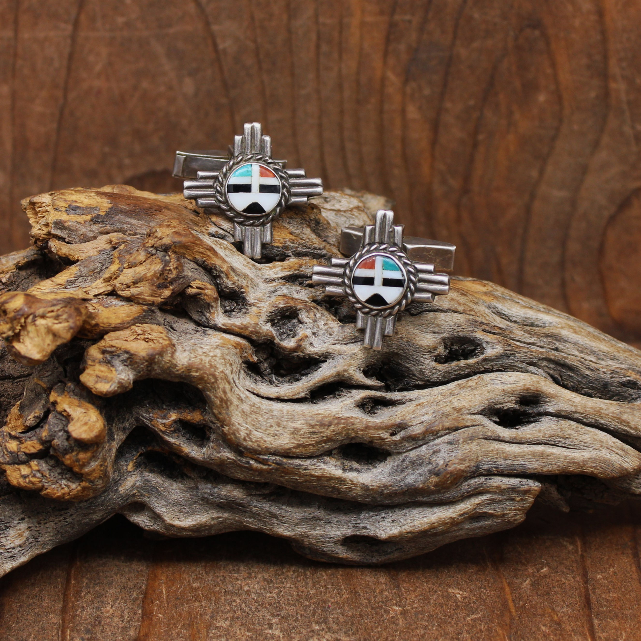 Vintage Sterling Silver Inlaid Sunface Cuff Links