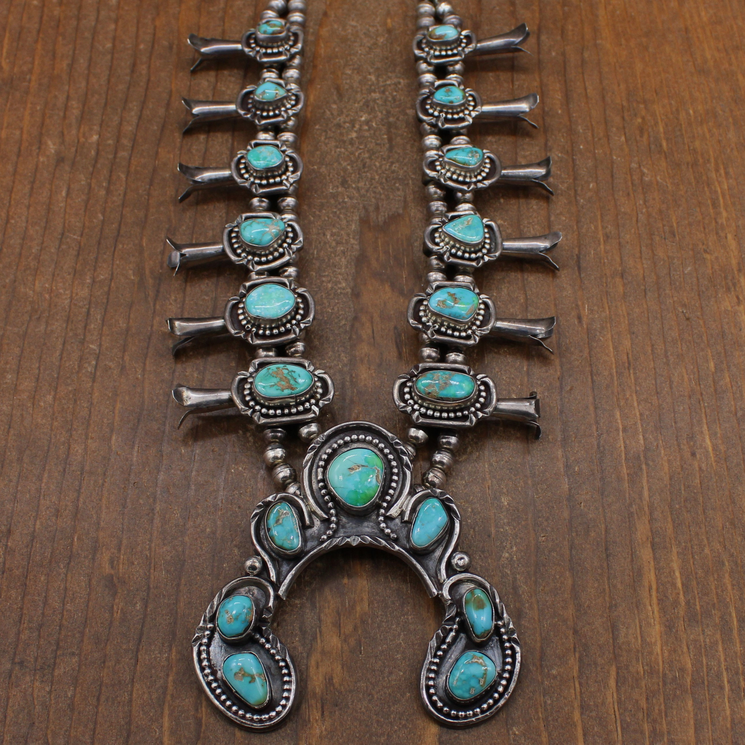 Outstanding Vintage Sterling Silver Turquoise Squash Blossom Necklace Signed BJB