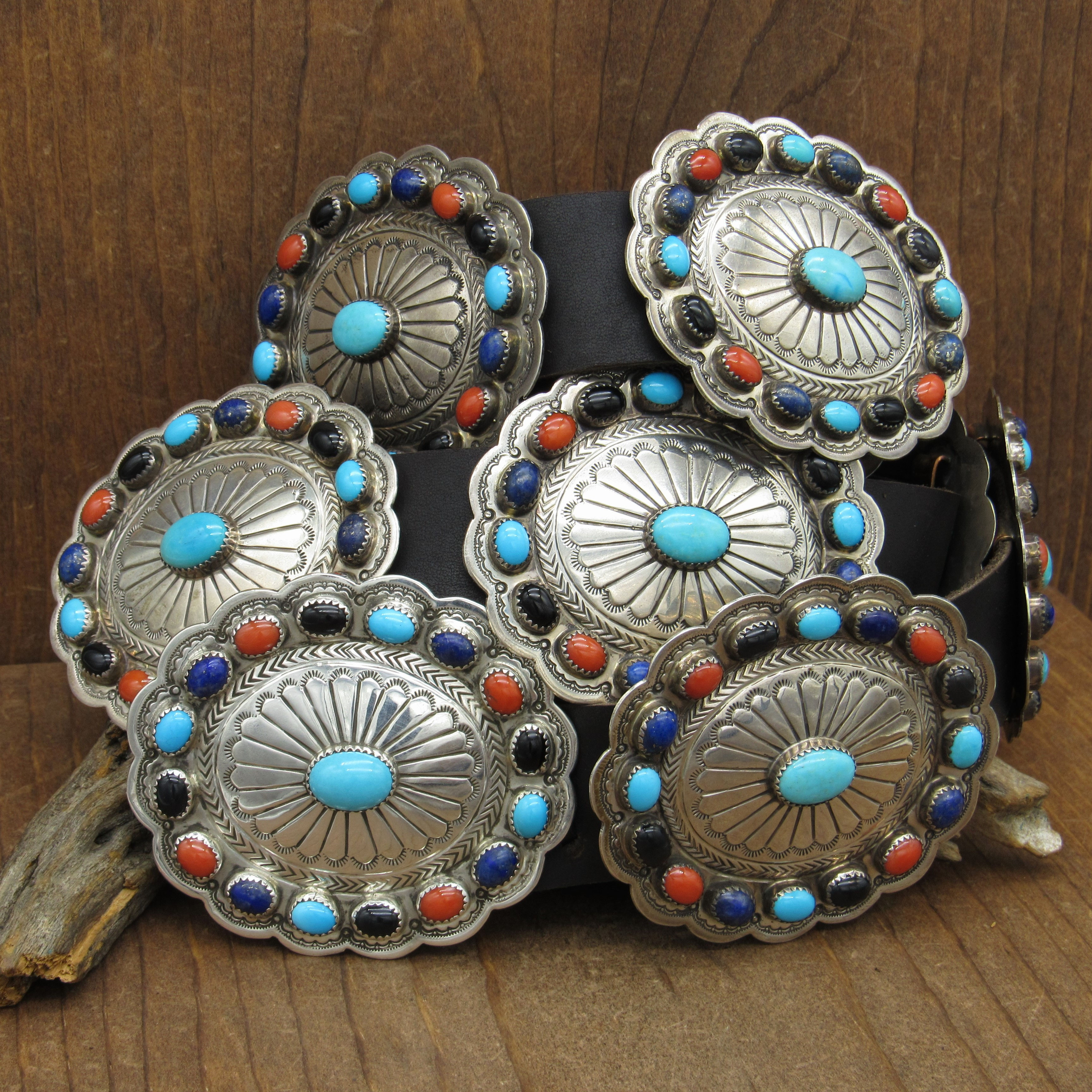 *Vintage Sterling Silver Multi-Stone Oval Stamped Concho Belt