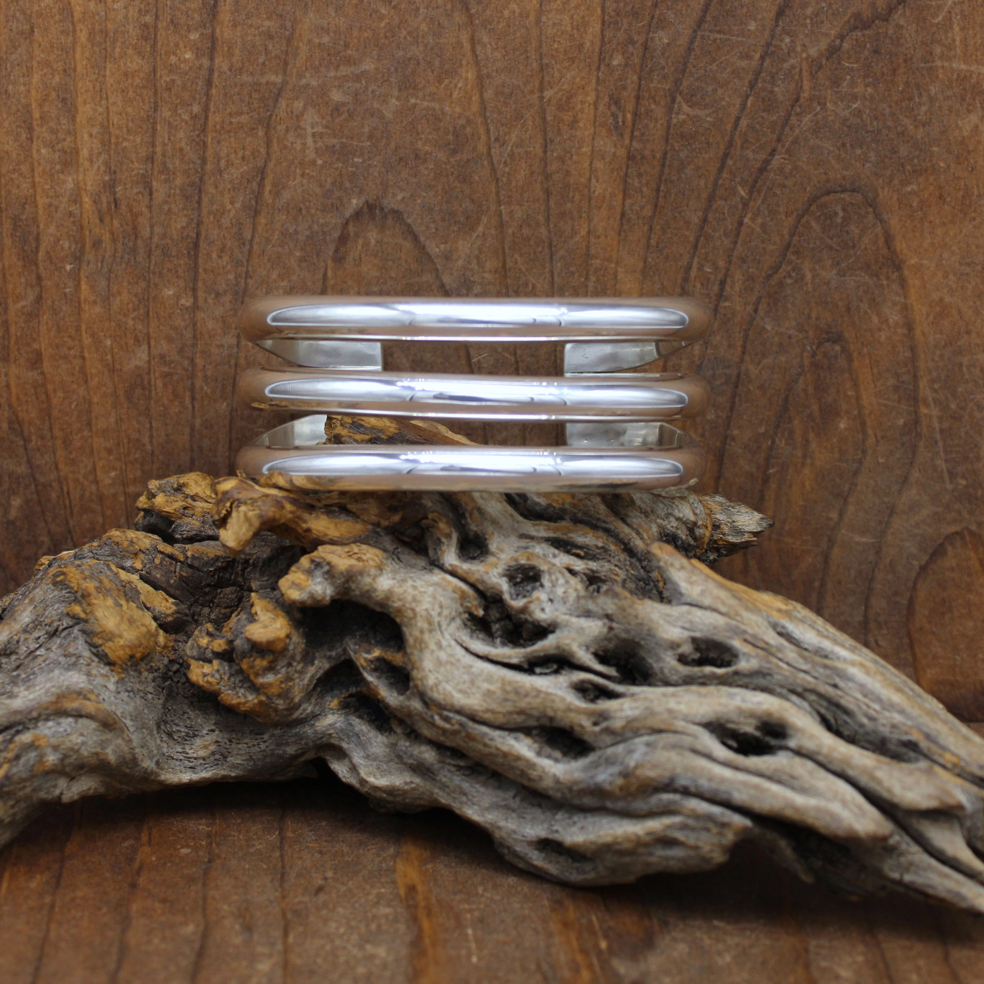 *Large Sterling Silver Three Band Domed Wire Cuff Bracelet