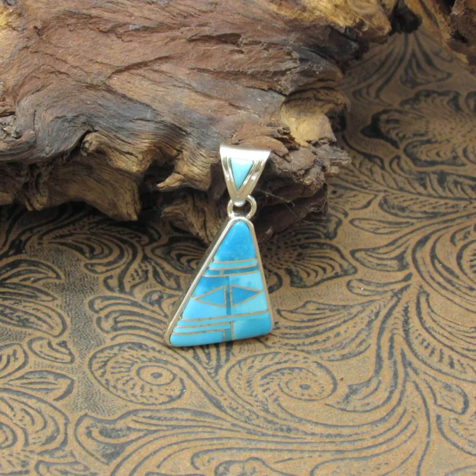 Triangular Turquoise Inlay Sterling Silver Pendant by Marty Yazzie