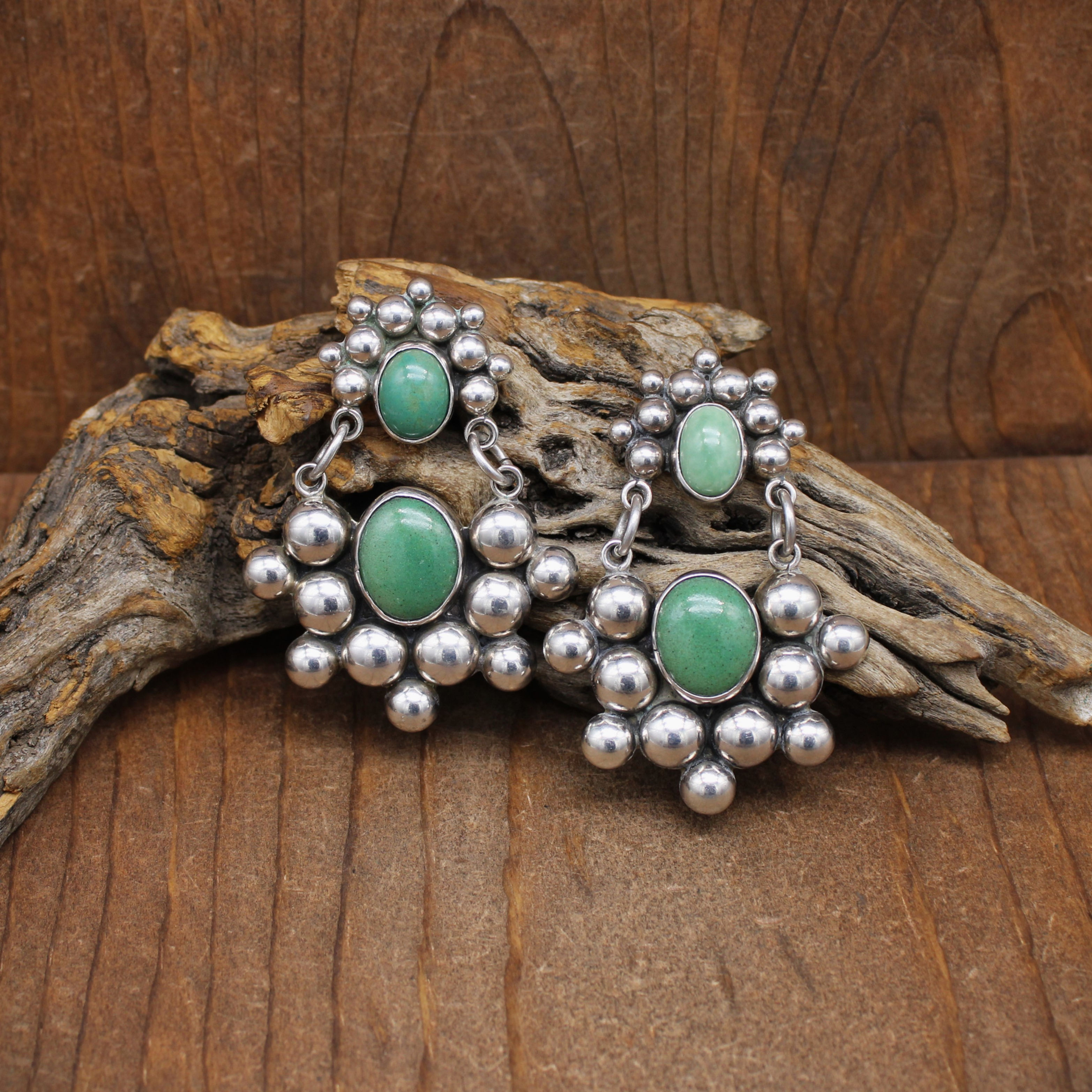 Large Green Two Green Stones and Silver Bead Earrings from Mexico