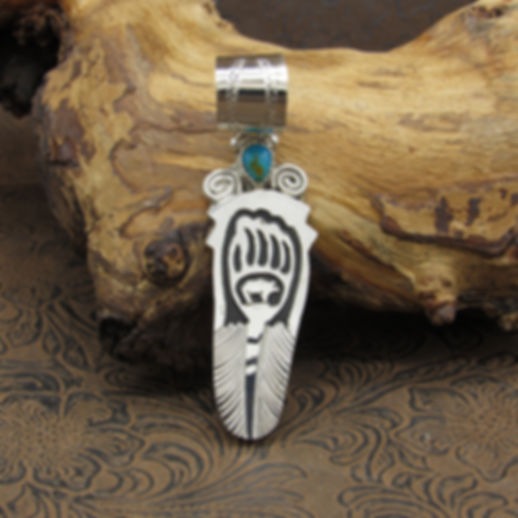 Feather Shaped Overlay Bear Paw Pendant With Turquoise By A. Mariano