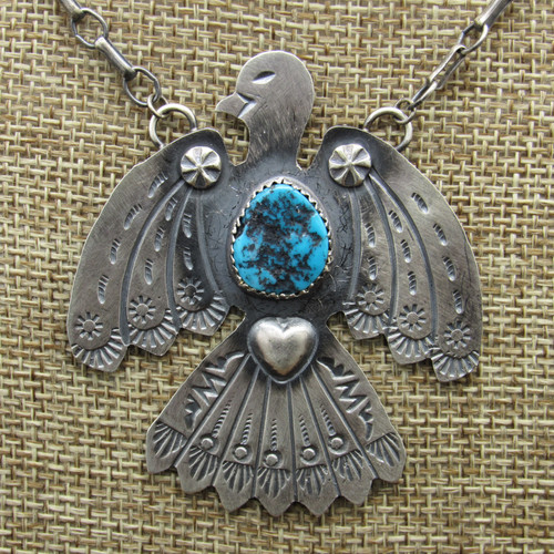Satin Finish Sterling Silver and Turquoise Thunderbird Necklace by