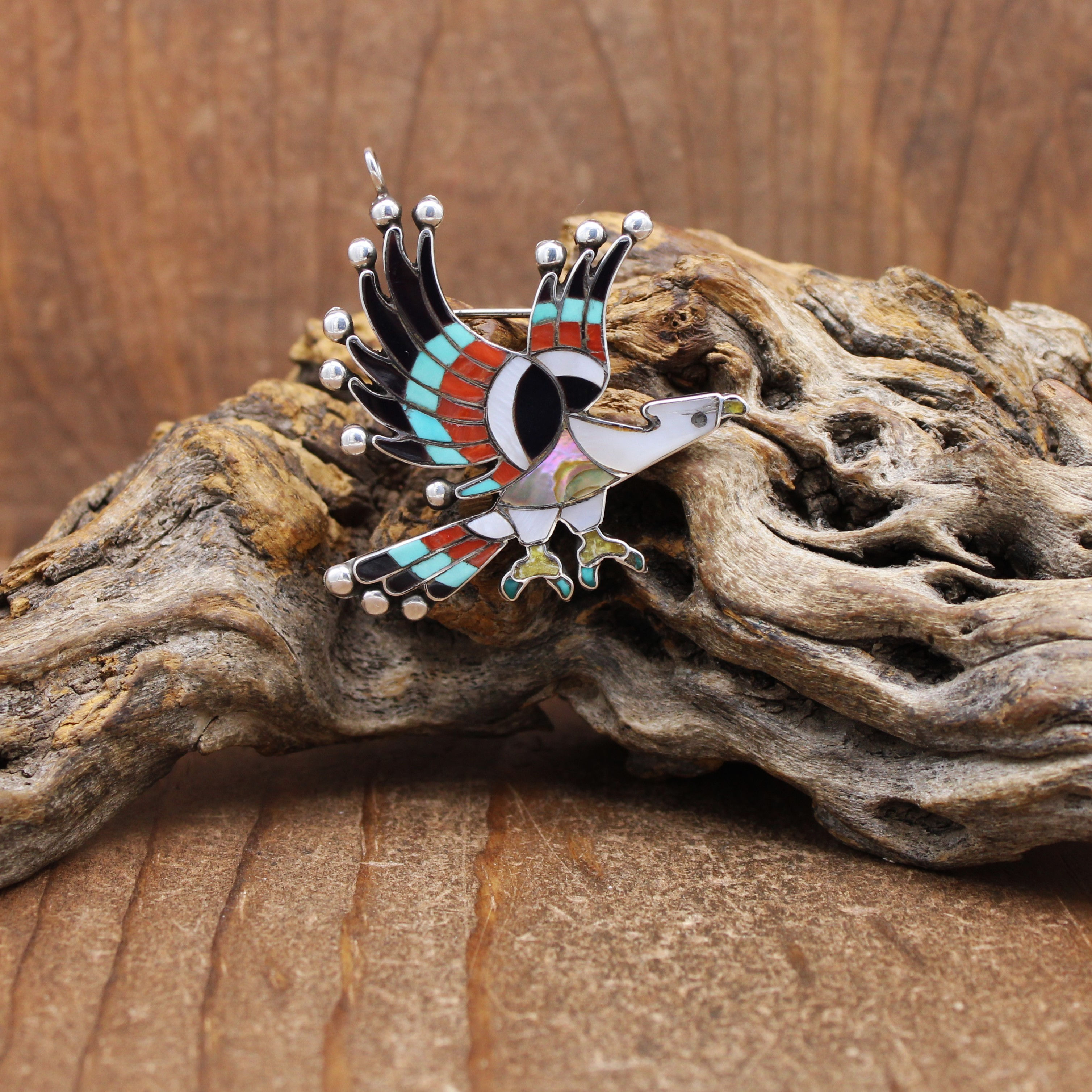 Sterling Silver Multi-Stone Inlay Eagle Pin/Pendant by Zuni Charlotte Dishta