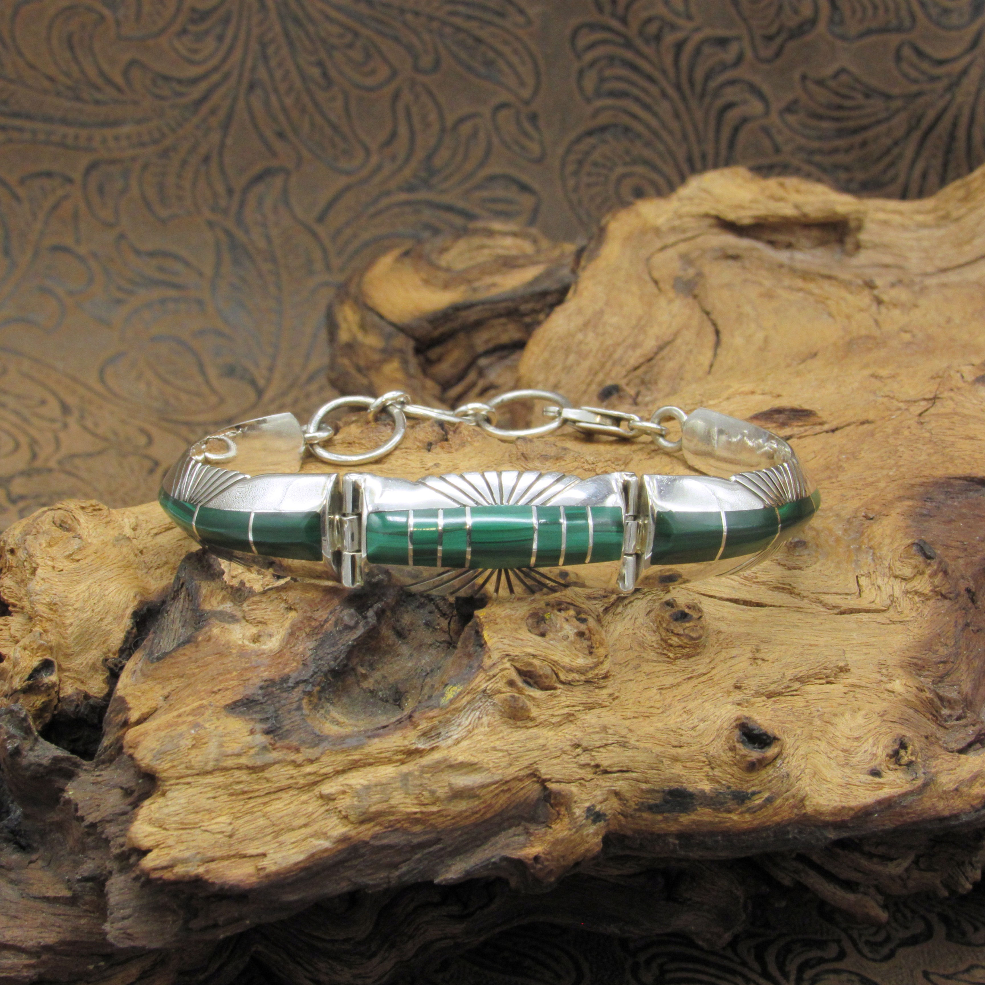 Artisan Crafted Malachite Inlay Sterling Silver Bracelet