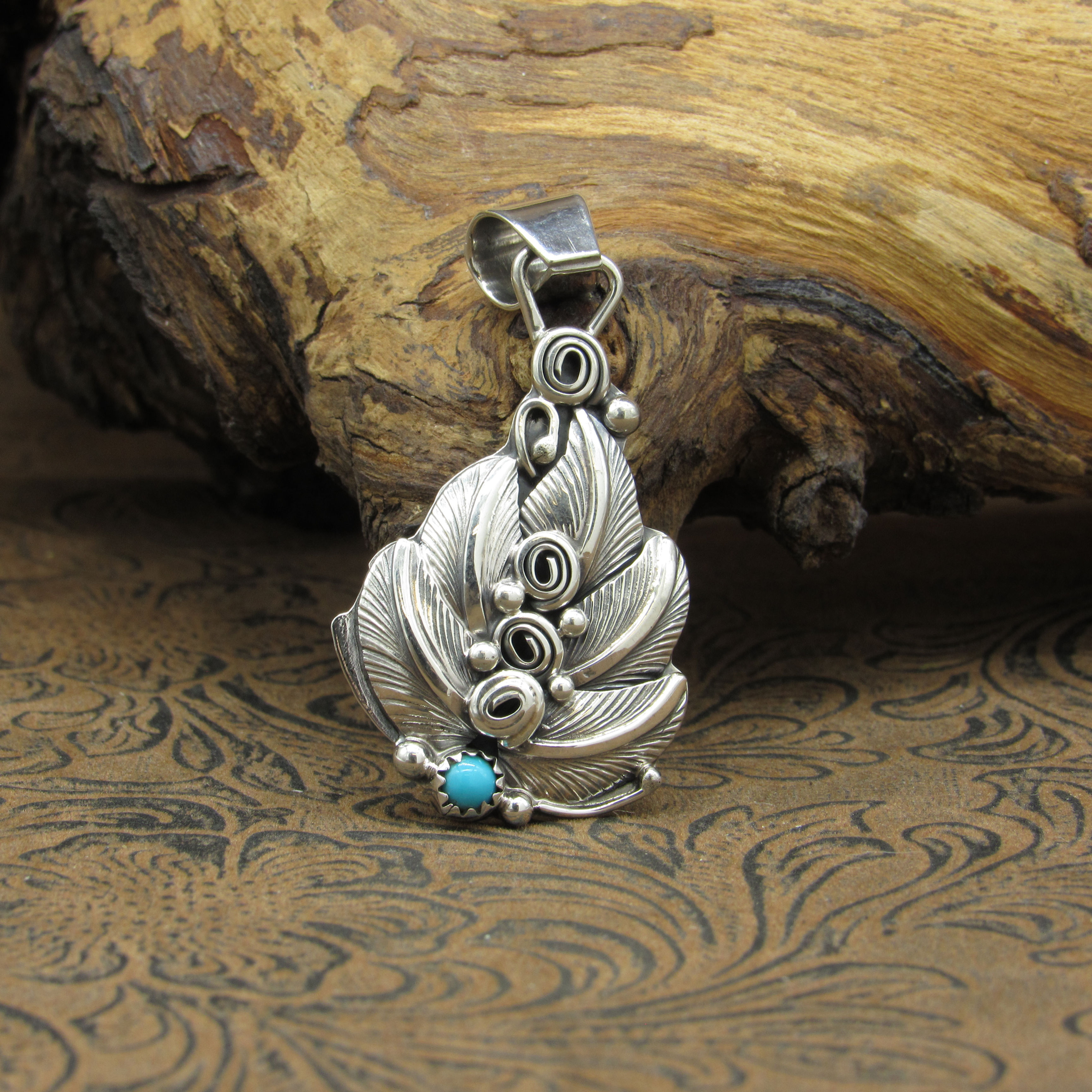 *Navajo Sterling Silver Turquoise Leafy Pendant By Daniel Martinez