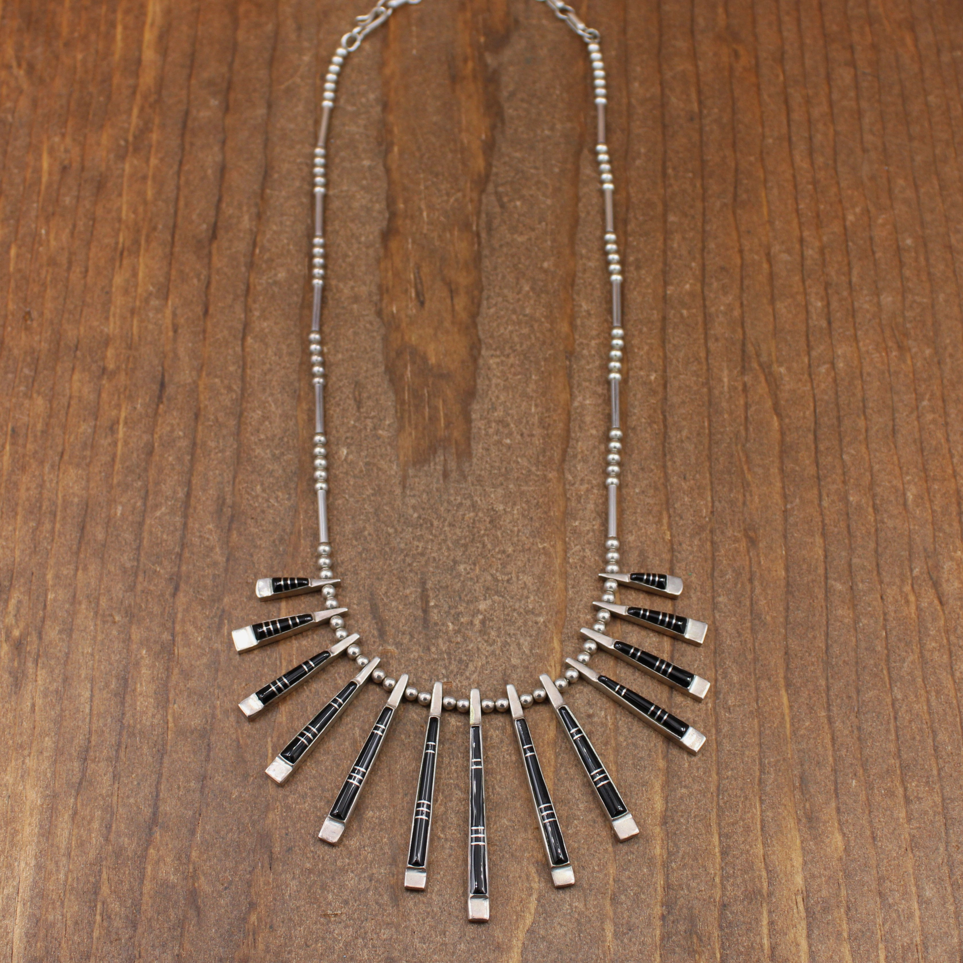 Vintage Sterling Silver Jet Inlay Spike Necklace With Extender Chain