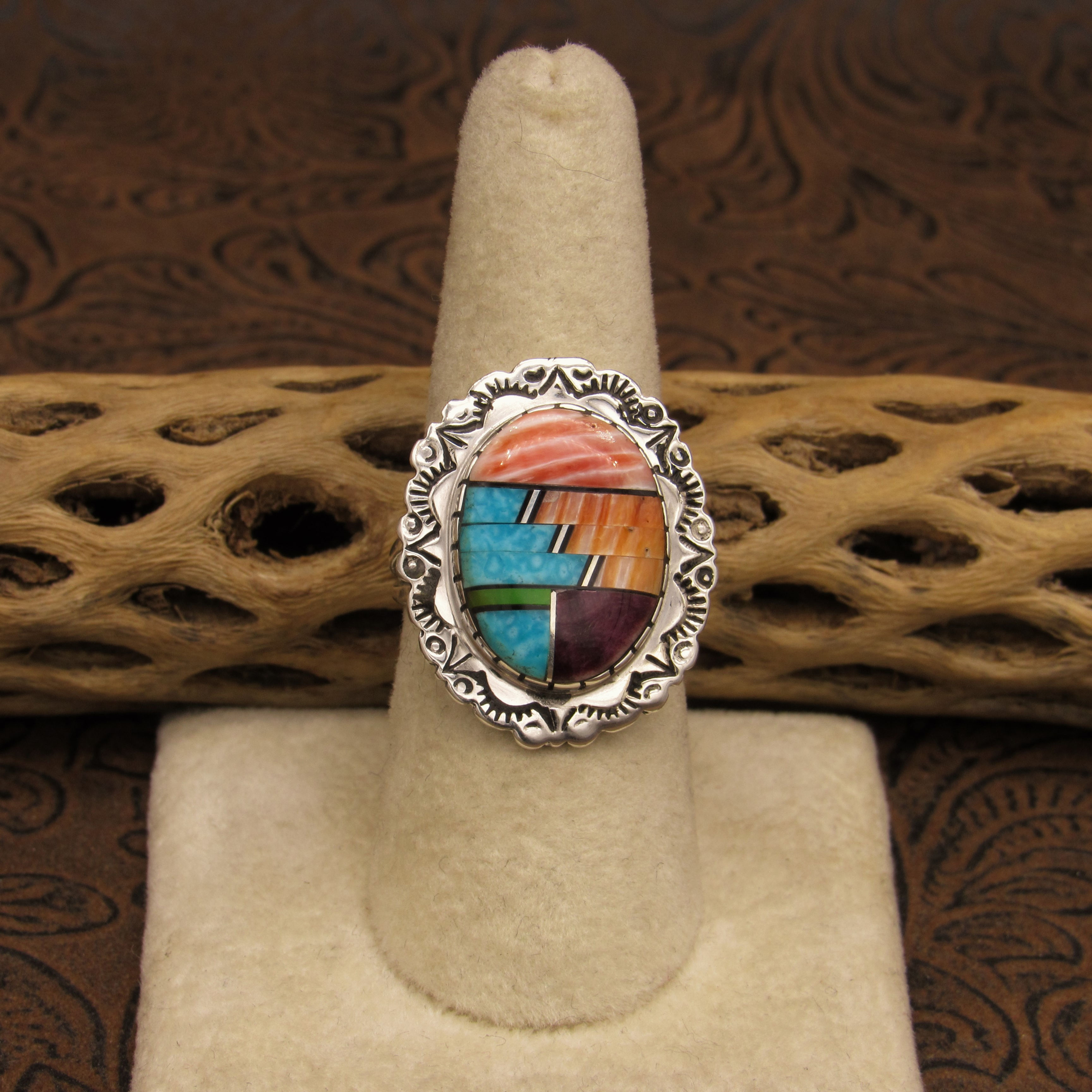 Sterling Silver Southwest Colorful Inlay Ladies Ring Size 8 1/4