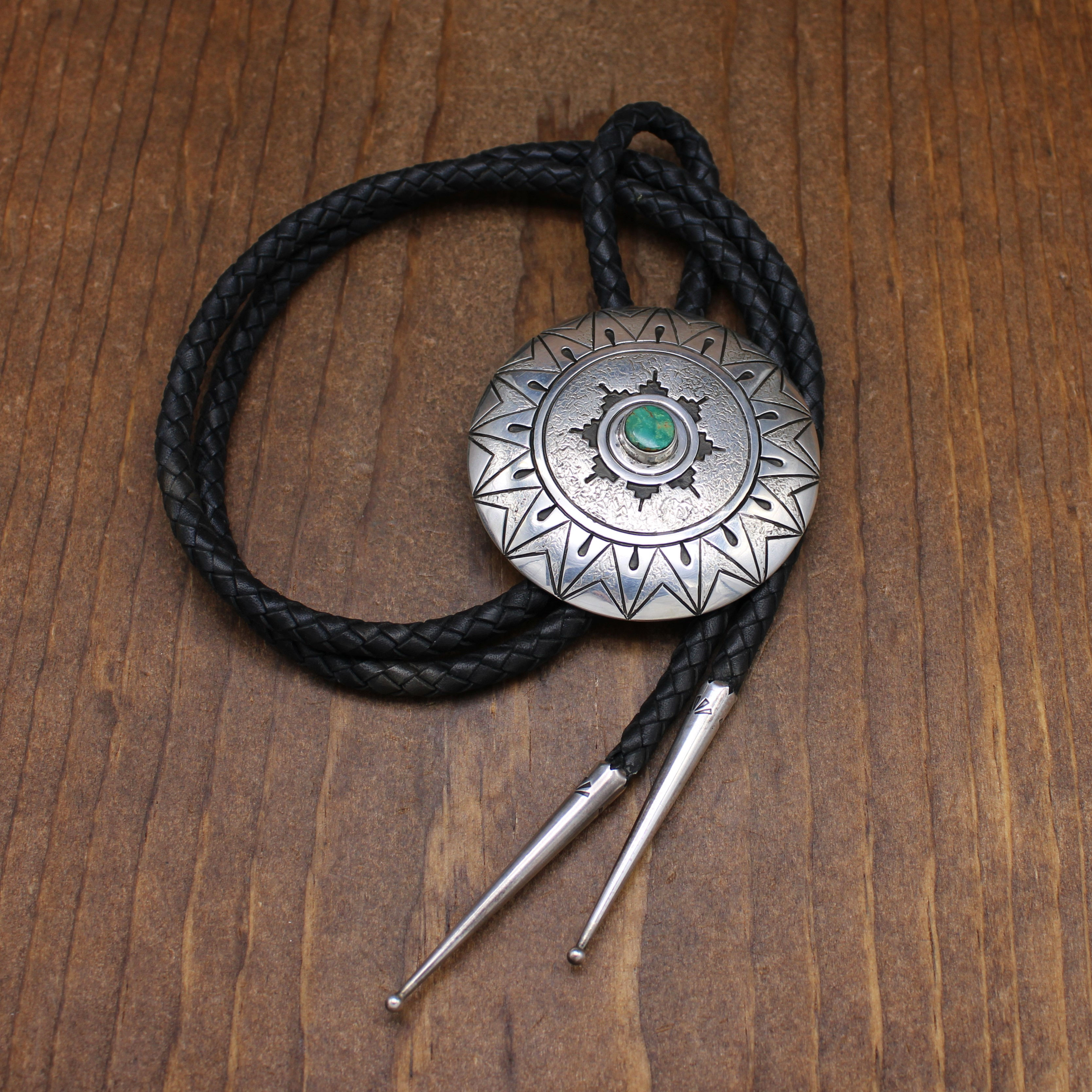 Sterling Silver Round Bolo with Southwestern Geometric Design and Turquoise