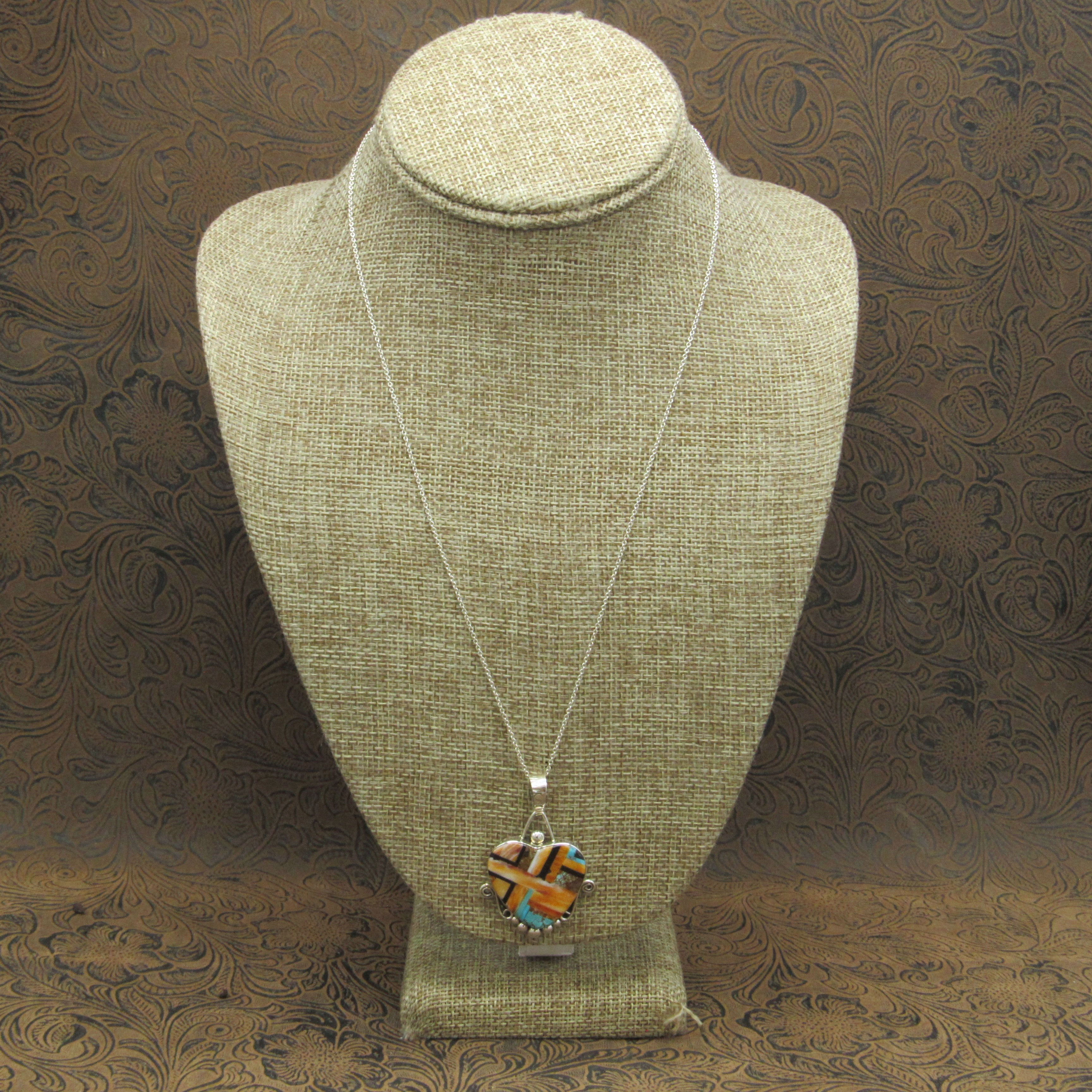 Heart Inlay Sterling Silver Pendant Necklace 20" Chain