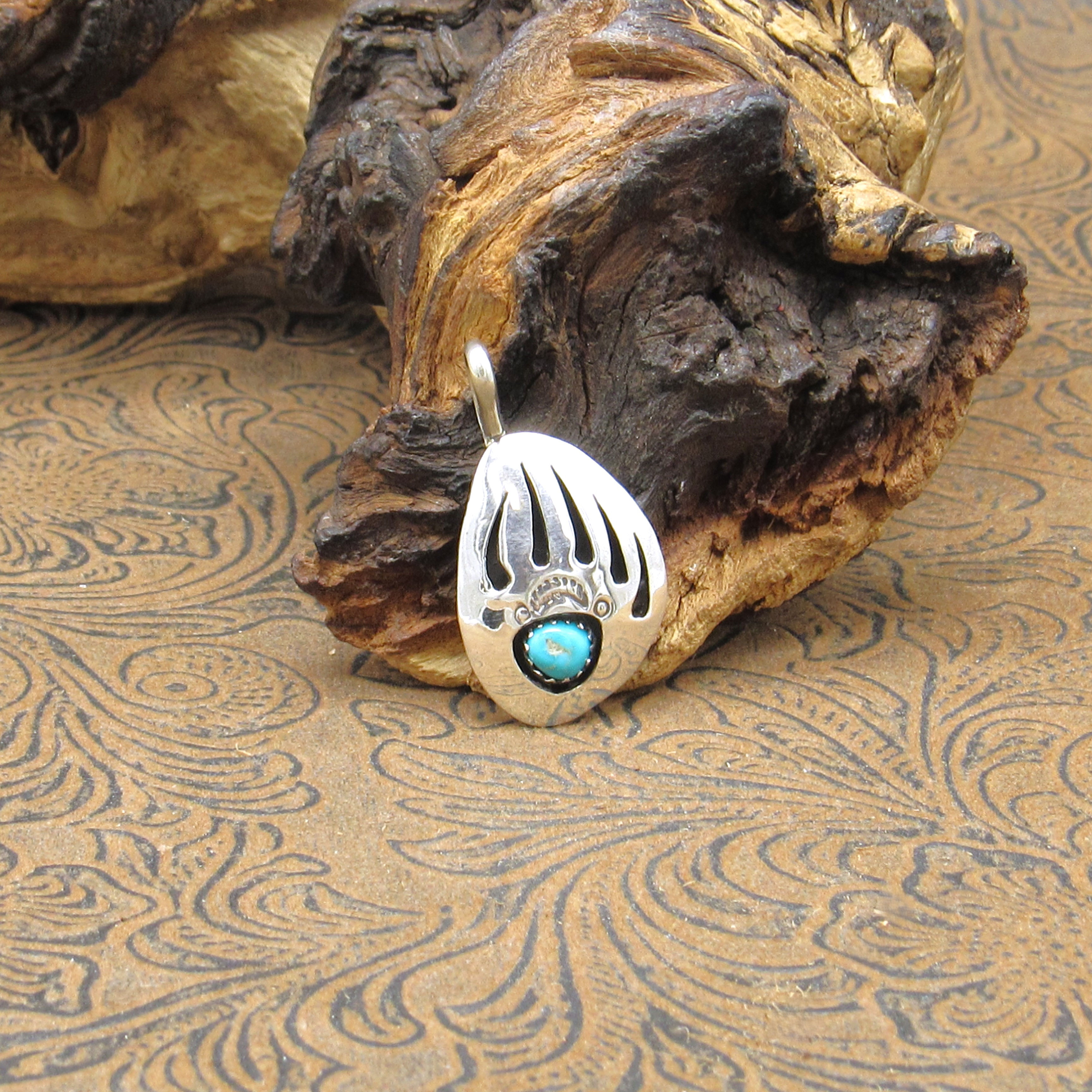 Shadowbox Bear Paw Sterling Silver Turquoise Pendant