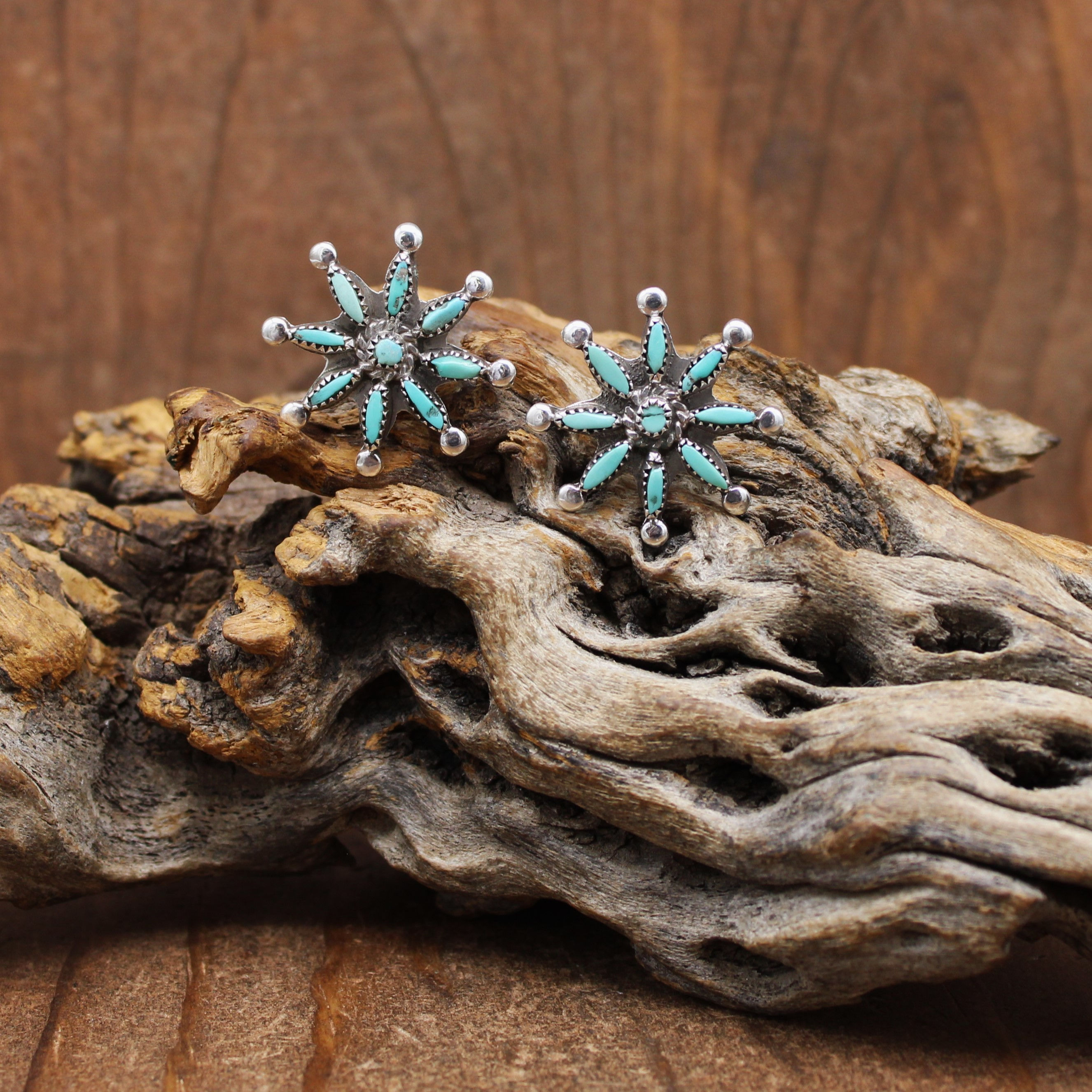 Vintage Sterling Silver and Turquoise Needlepoint Post Earrings