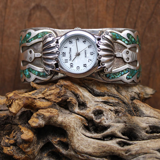 Vintage Sterling Silver Chip Inlay Peyote Bird Watch Cuff by