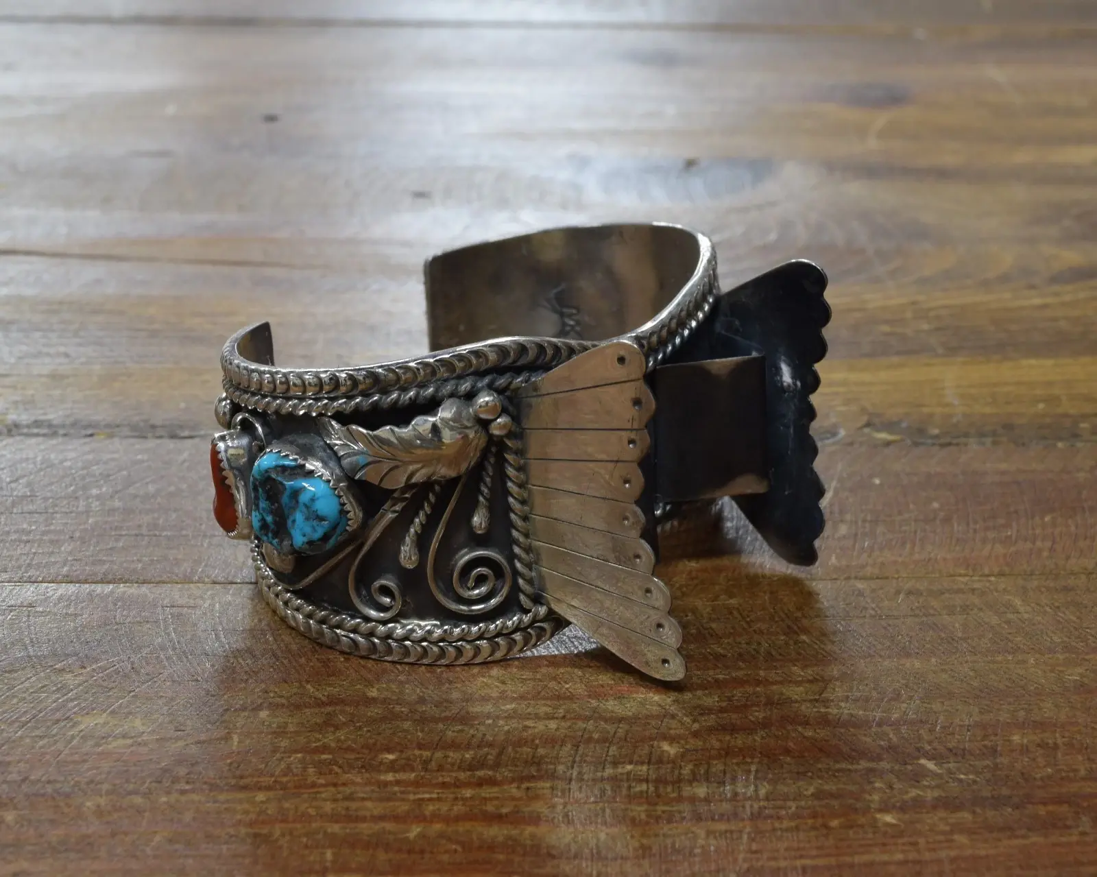 *Vintage Navajo Sterling Silver Turquoise and Coral Watch Cuff