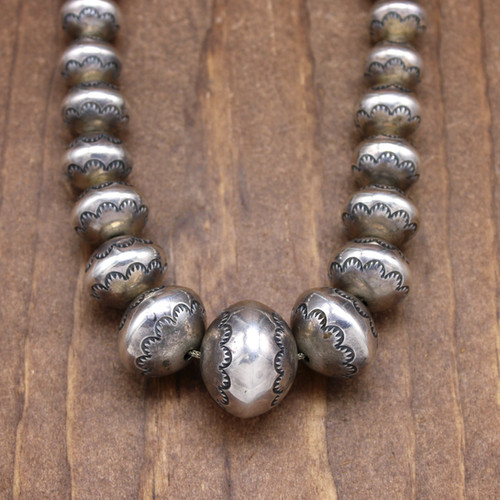 Vintage Large Navajo Handmade Stamped Sterling Silver Bead