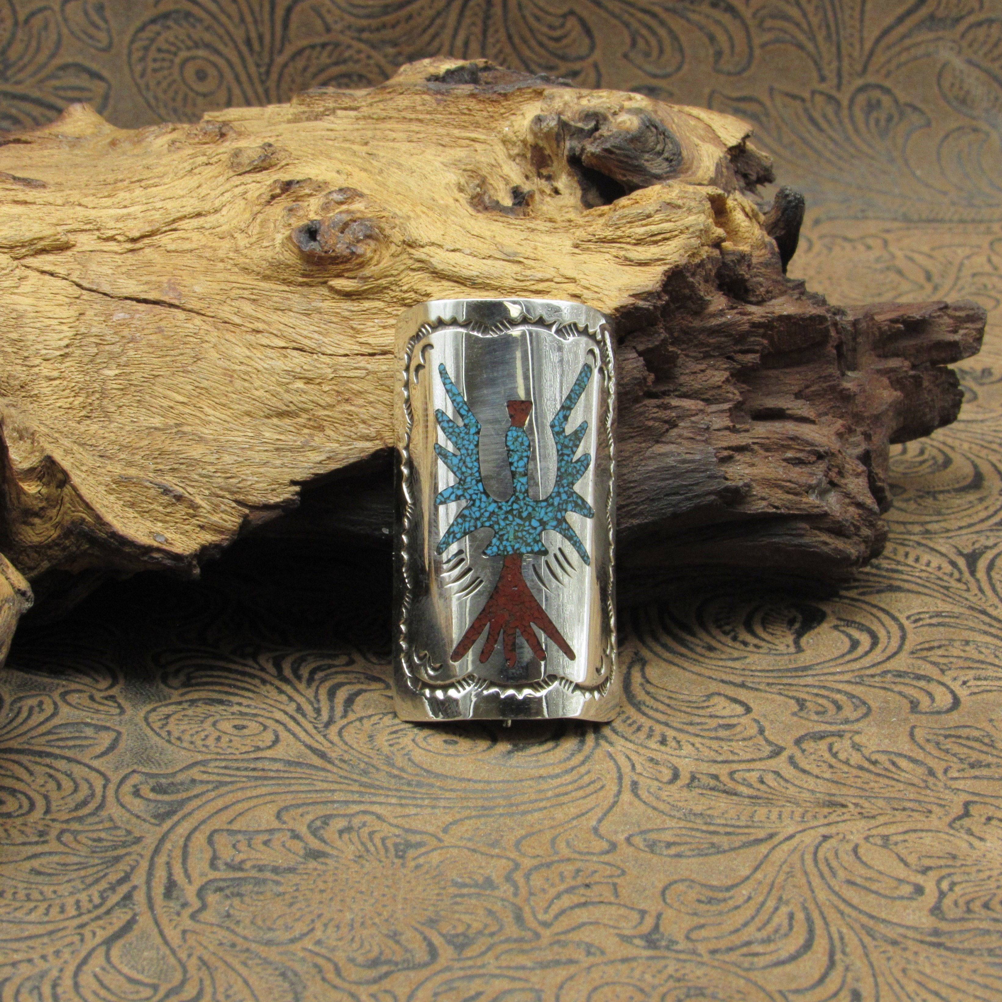 Sterling Silver Ponytail Holder with Turquoise and Coral Chip Inlay Peyote Bird