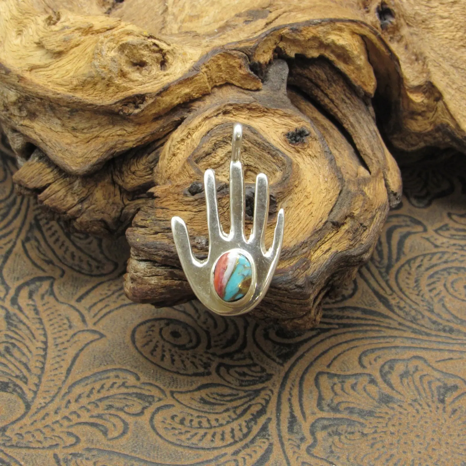 Sterling Silver Hand Symbol Copper Infused Spiny Oyster and Turquoise Pendant