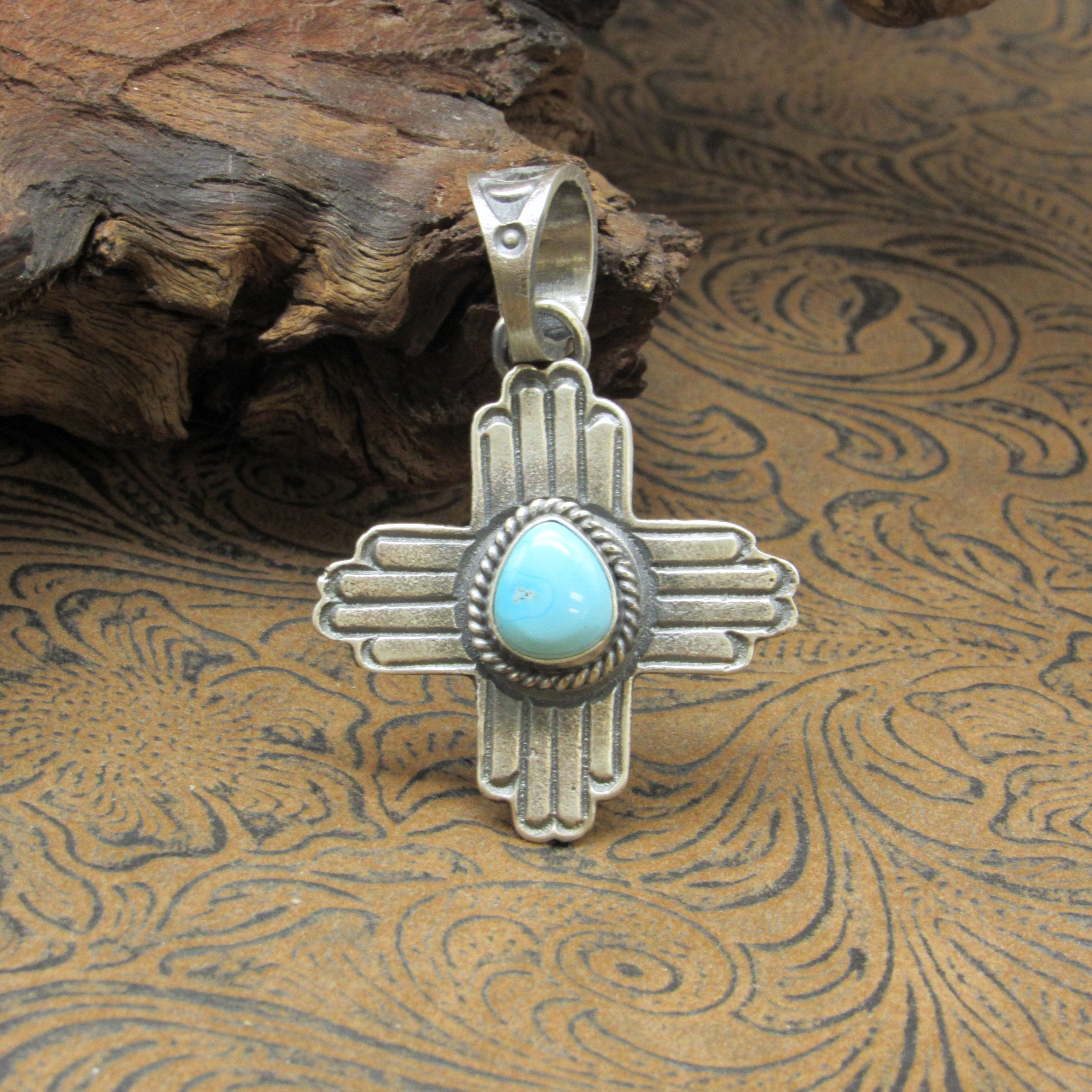 Sterling Silver and Turquoise Zia Symbol Pendant by Navajo Kevin Billah