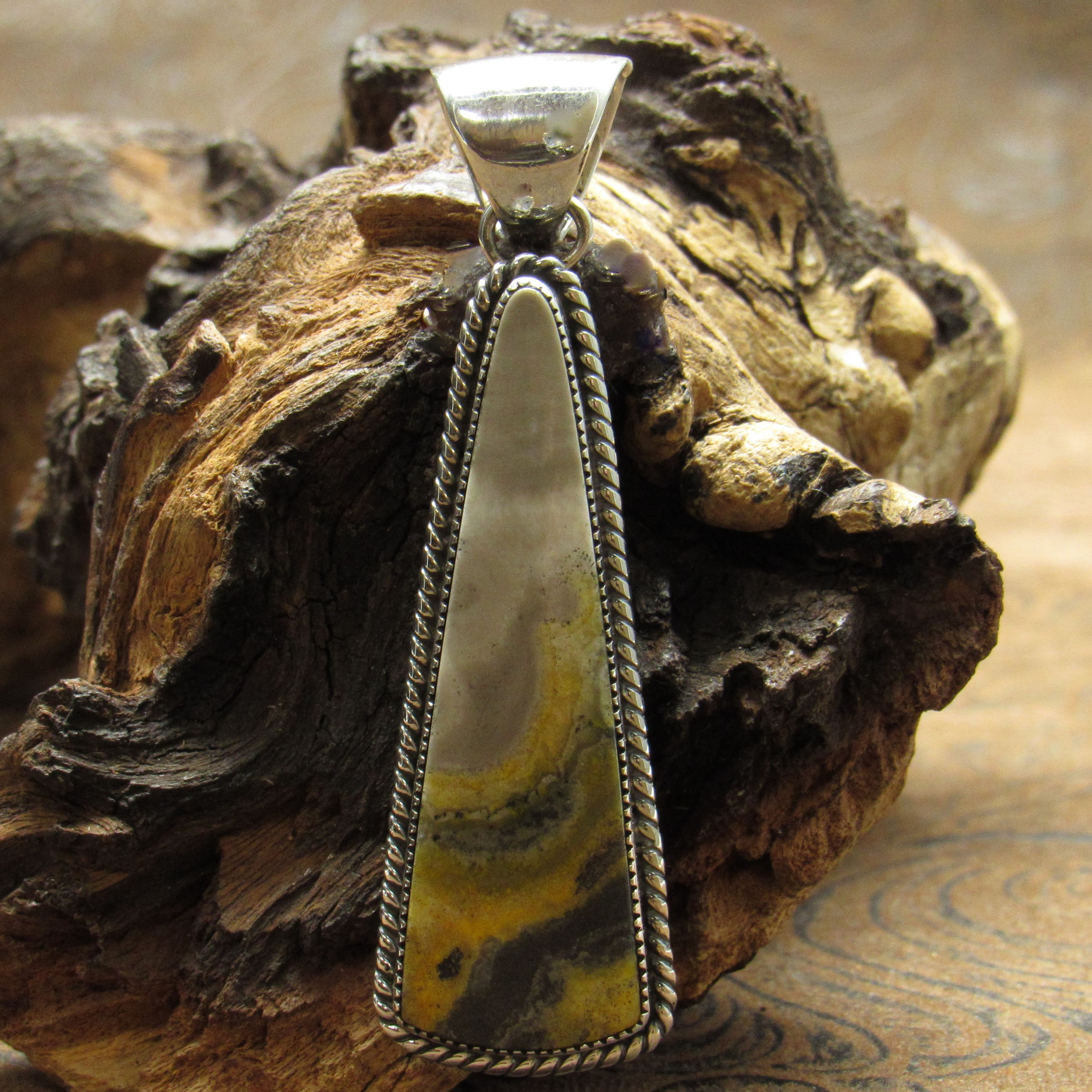 Sterling Silver Triangle Bumble Bee Jasper Stone Pendant